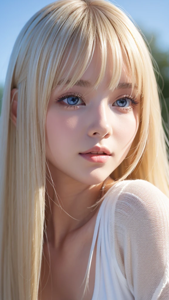 Glowing blonde dancing in front of cute face、long silky bangs that cover the eyes、Very large and bright pale sky blue eyes、very big eyes、long blonde hair that hides her face、Sexy cute teenage woman's super long blonde shining bright straight hair、blonde hair above the eyes、片blonde hair above the eyes、blonde between the eyes、Very bright white and young beautiful skin、Shiny skin、cheek gloss、cheek highlights、small face beauty、face over the hair、ample breasts