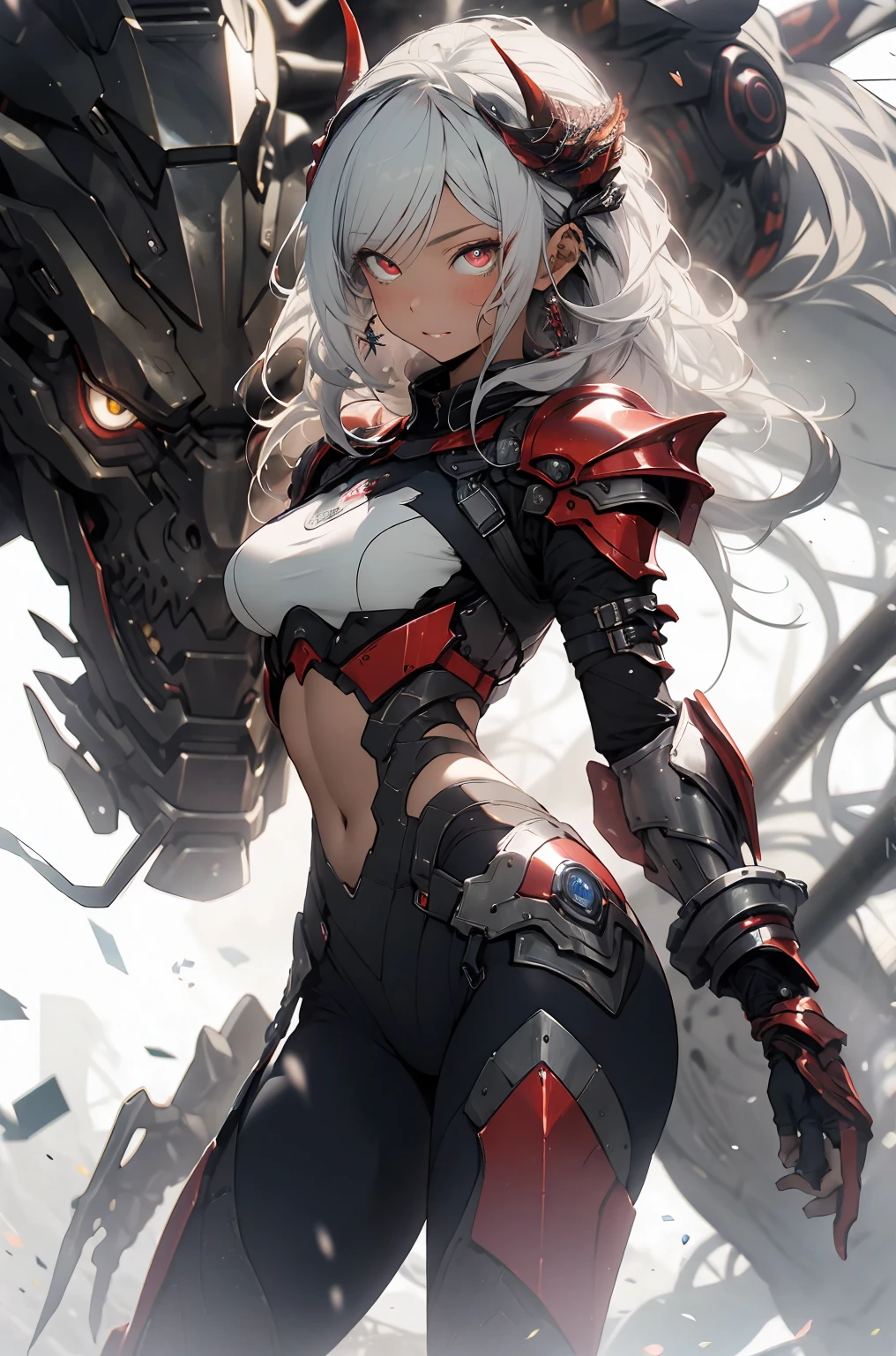 make it realistic,(masterpiece,highest quality,highest quality,very detailed,fractal art,most detailed,(the background is abstract:1.5)(1 girl),Kamimei,(hair length),(Shining red eyes and beautiful white hair、big breasts,trained abdominal muscles),crystal,high leotard,sexy,machine armor、devil's horns、Devil's Claw