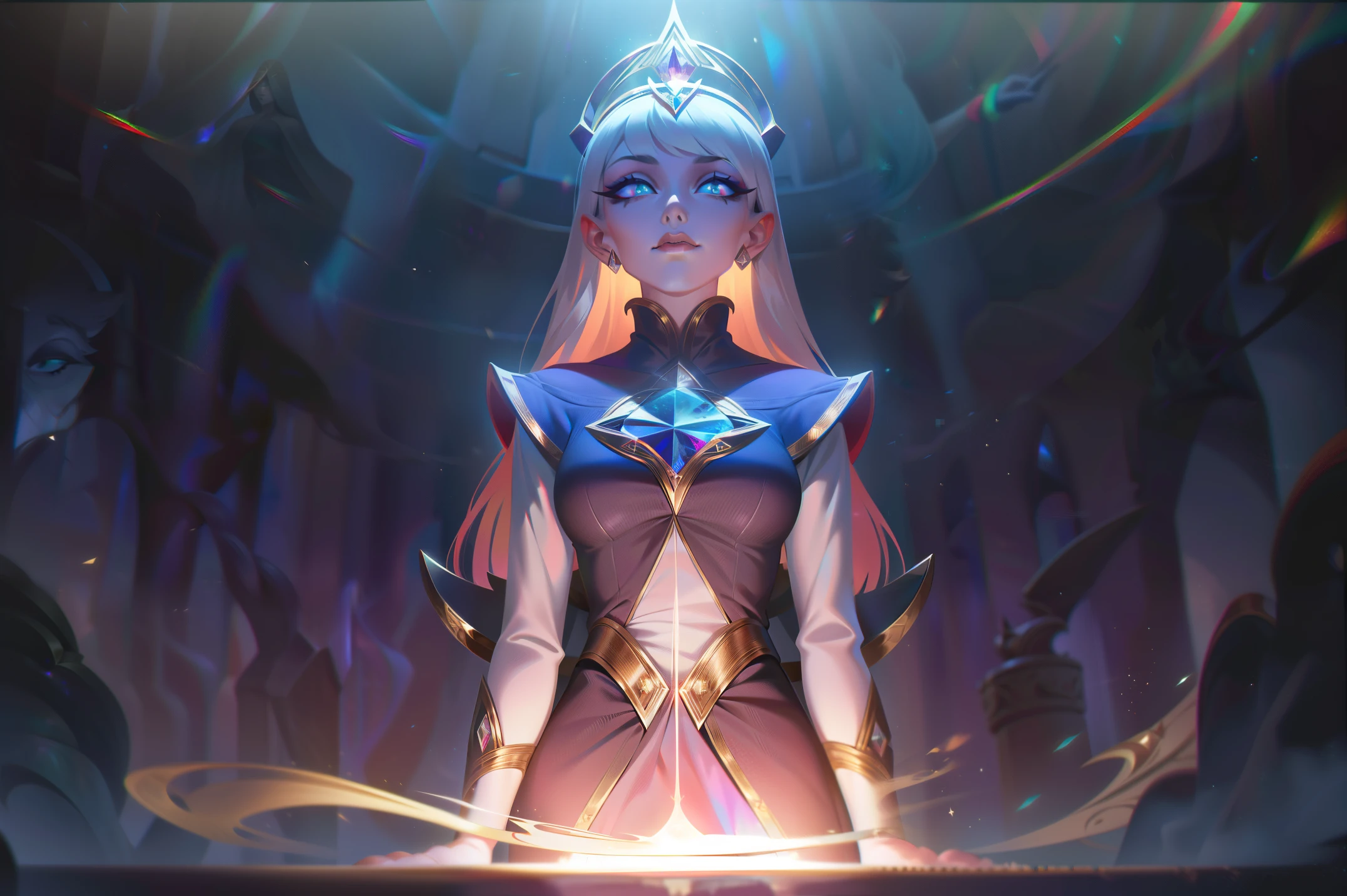 Alistra, vestindo roupas de uma maga arcana, apresenta um estilo elegante e misterioso. Seus cabelos longos e sedosos, de um tom profundo de roxo escuro, caem em ondas suaves sobre seus ombros. His eyes are an intense blue, shining with a magical glow and a wise expression. She has pale and luminous skin, which appears to radiate an aura of mystical energy. Alistra usa um traje de maga arcana, composto por um longo manto de veludo negro, decorated with silver embroidery representing arcane symbols. Sob o manto, She wears a deep blue fitted tunic, that highlights his slender figure. Alistra usa luvas de couro macio, also black, decoradas com detalhes prateados em formato de runas. Ela usa botas de cano alto, de uma tonalidade escura, que complementam perfeitamente o visual. Furthermore, ela carrega consigo um cajado de madeira entalhada, adorned with shining gems and arcane symbols, revealing your connection to magical forces. Her appearance as an arcane mage conveys power and wisdom, pronta para enfrentar qualquer desafio com sua magia. Arte league of legends
