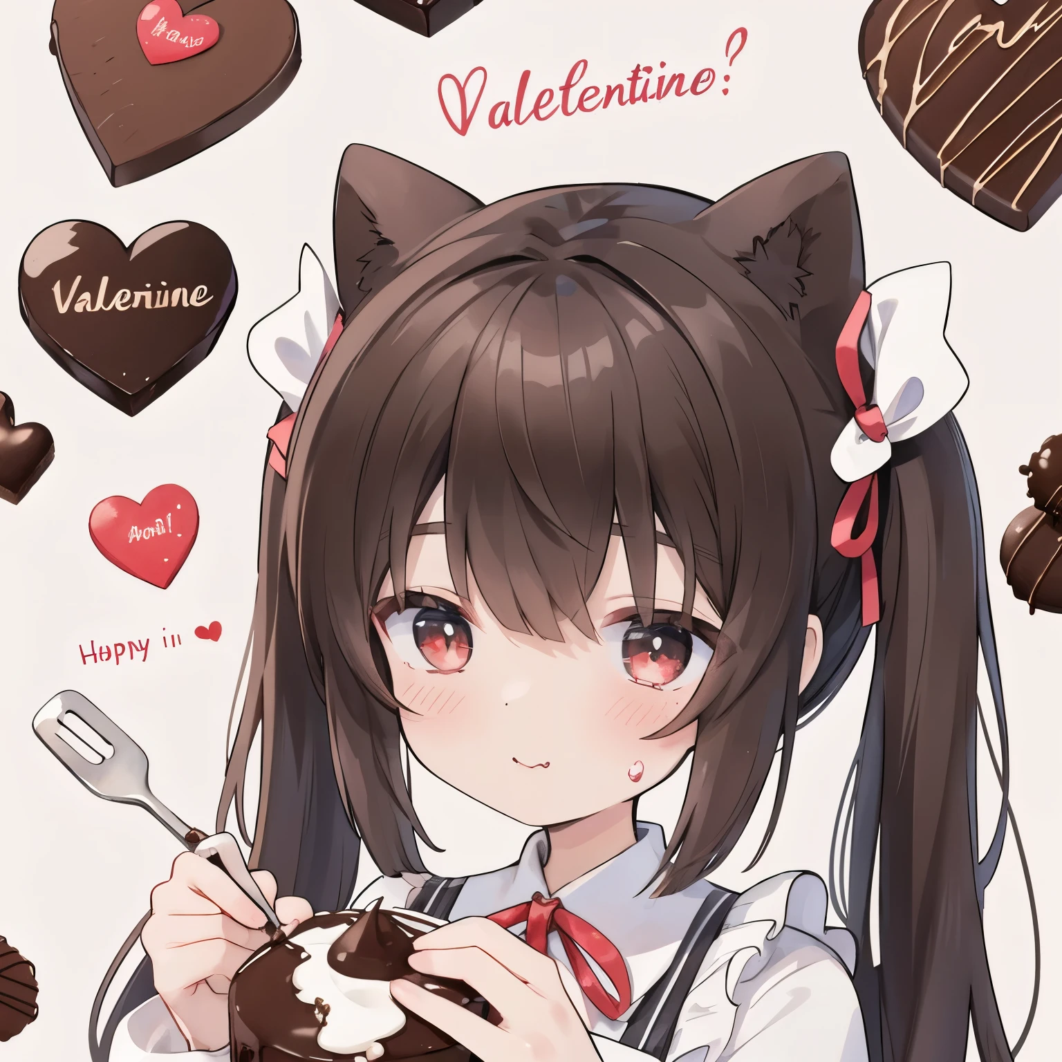 transparent watercolor、girl、Jewel Eyes、Beautiful arrangements and motifs、Depth of bounds written、anime art、8K、detailed、Valentine、lots of chocolate、stylish decoration illustration、limited palette、chocolate around the illustration、Handmade Chocolate、red ribbon、brown hair、twin tails、red ribbonで髪を結ぶ、apron、brown and red image、可likeい、red eyes、chocolate on the face、holding a spatula、hold a bowl、Making chocolate、Valentineチョコレート、赤いheart、heart、Sparkling、like、love love