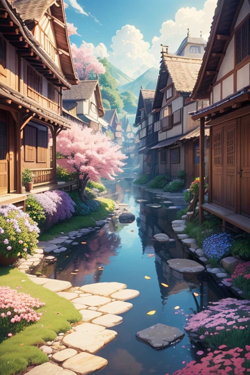 Masterpiece, best quality, (very detailed CG unity 8k wallpaper) (best quality), (best illustration), vibrant colors, Hayao Miyazaki style village vibrant colors petals floating in the air