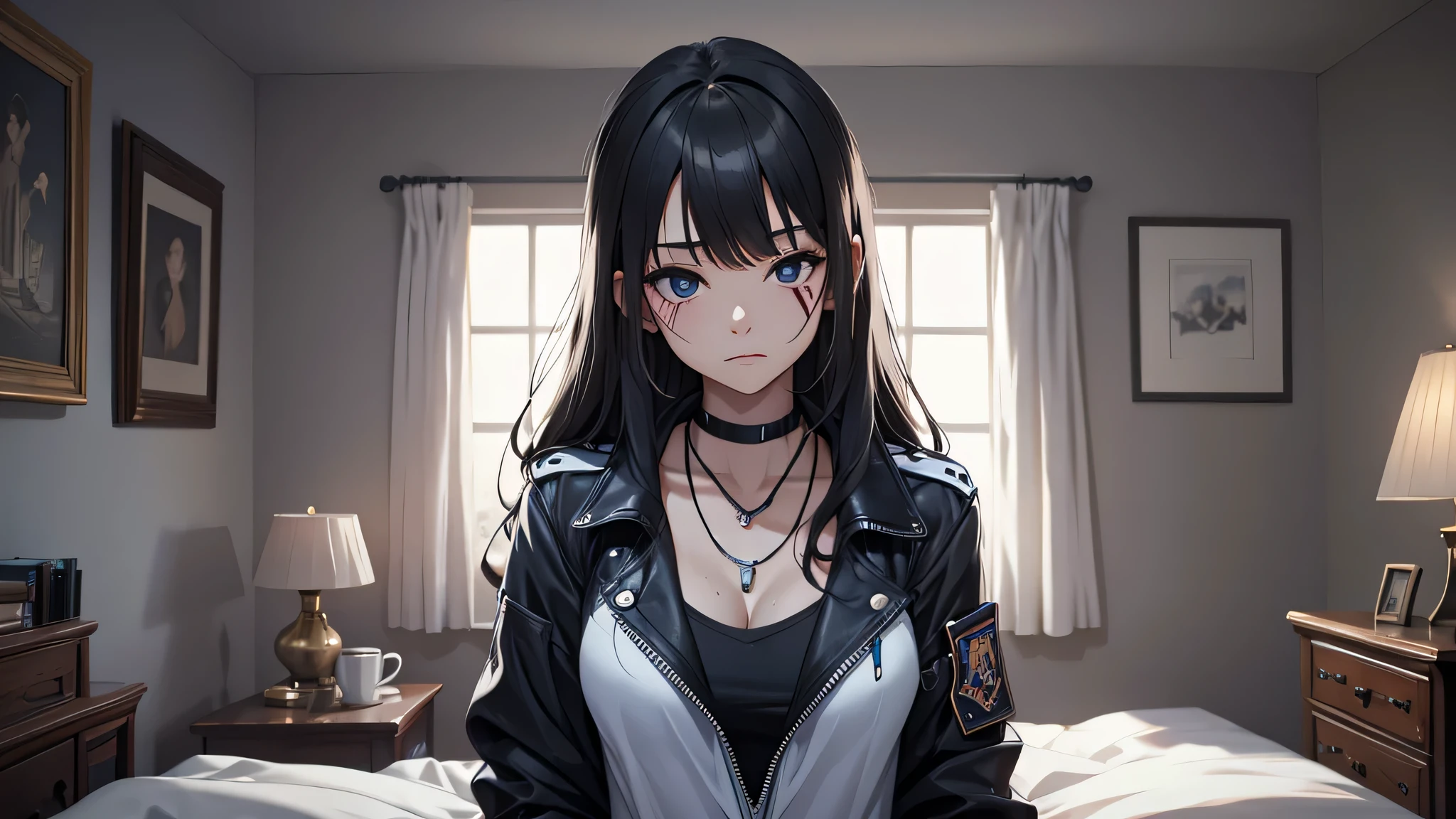 最high quality、best image quality、masterpiece、teenage girl((18-year-old、 By becoming、vest bust、medium bust,wide open breast tea、black eye, black hair、long hair、thin,highest valley、cute makeup、red sports bra、Black sports pants、White Necklace、Blackface Paint、Navy jacket、tired face、Sweat)),high quality、beautiful art、background((on the bed)),debris flies、Depth of written boundary、movie、visual art、perfect art、8K,genuine