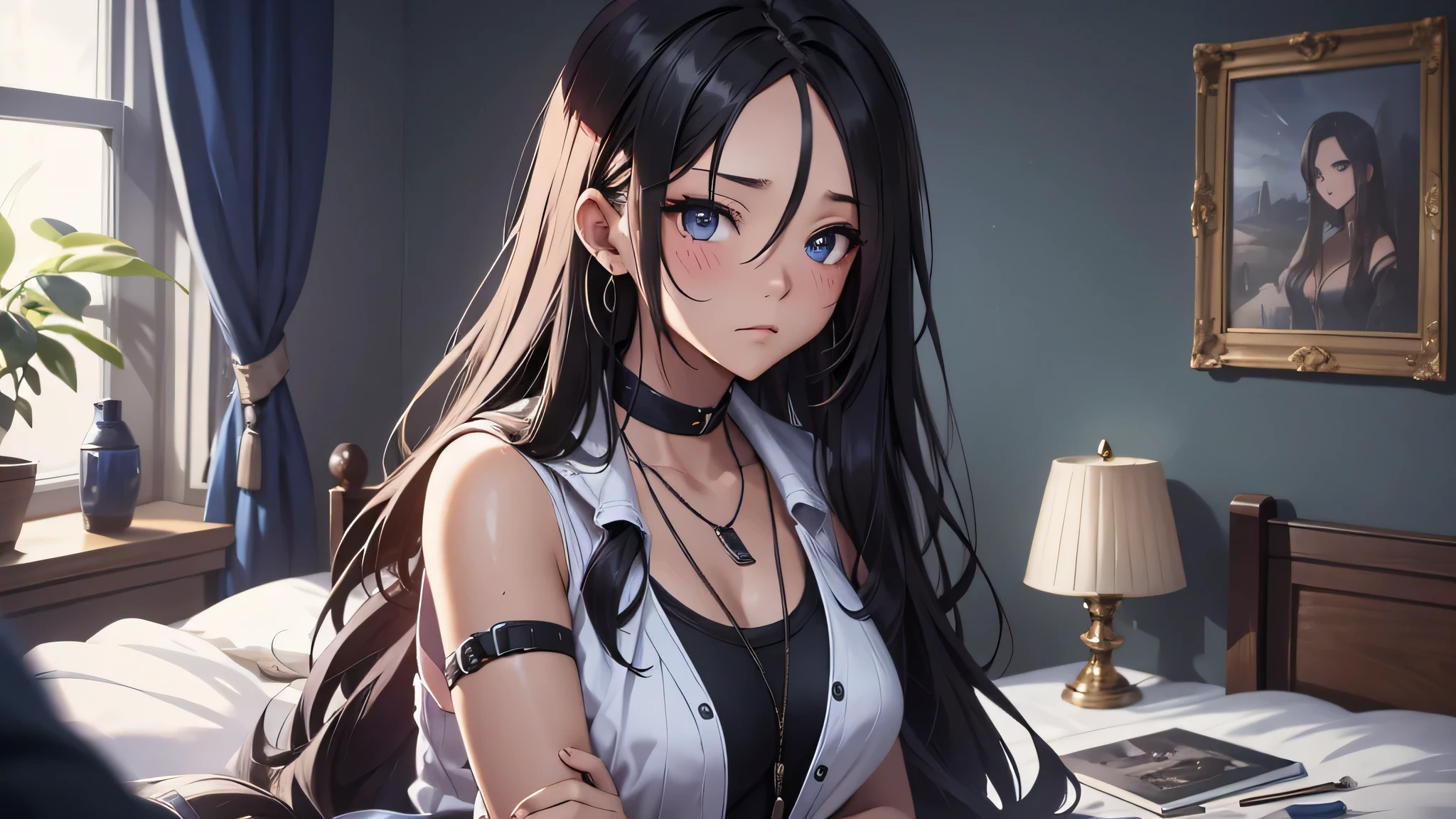 最high quality、best image quality、masterpiece、teenage girl((18-year-old、 By becoming、vest bust、medium bust,wide open breast tea、black eye, black hair、long hair、thin,highest valley、cute makeup、red sports bra、Black sports pants、White Necklace、Blackface Paint、Navy jacket、tired face、Sweat)),high quality、beautiful art、background((on the bed)),debris flies、Depth of written boundary、movie、visual art、perfect art、8K,genuine