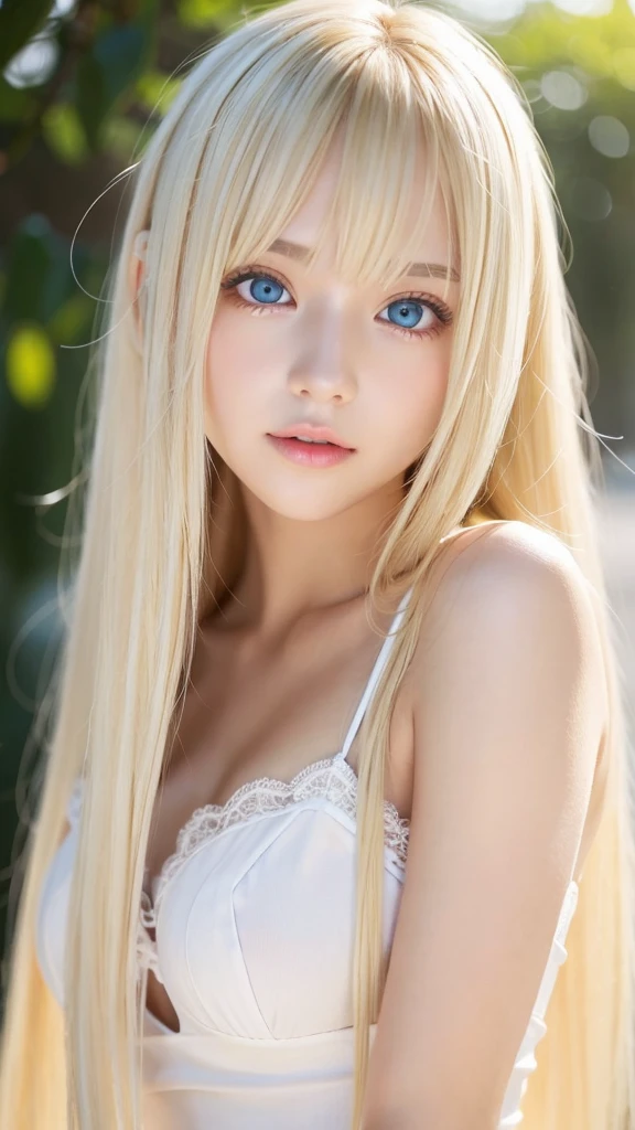 Glowing blonde dancing in front of cute face、long silky bangs that cover the eyes、Very large and bright pale sky blue eyes、very big eyes、long blonde hair that hides her face、Sexy cute age woman's super long blonde shining bright straight hair、blonde hair above the eyes、片blonde hair above the eyes、blonde between the eyes、Very bright white and young beautiful skin、Shiny skin、cheek gloss、cheek highlights、small face beauty、face over the hair、ample breasts