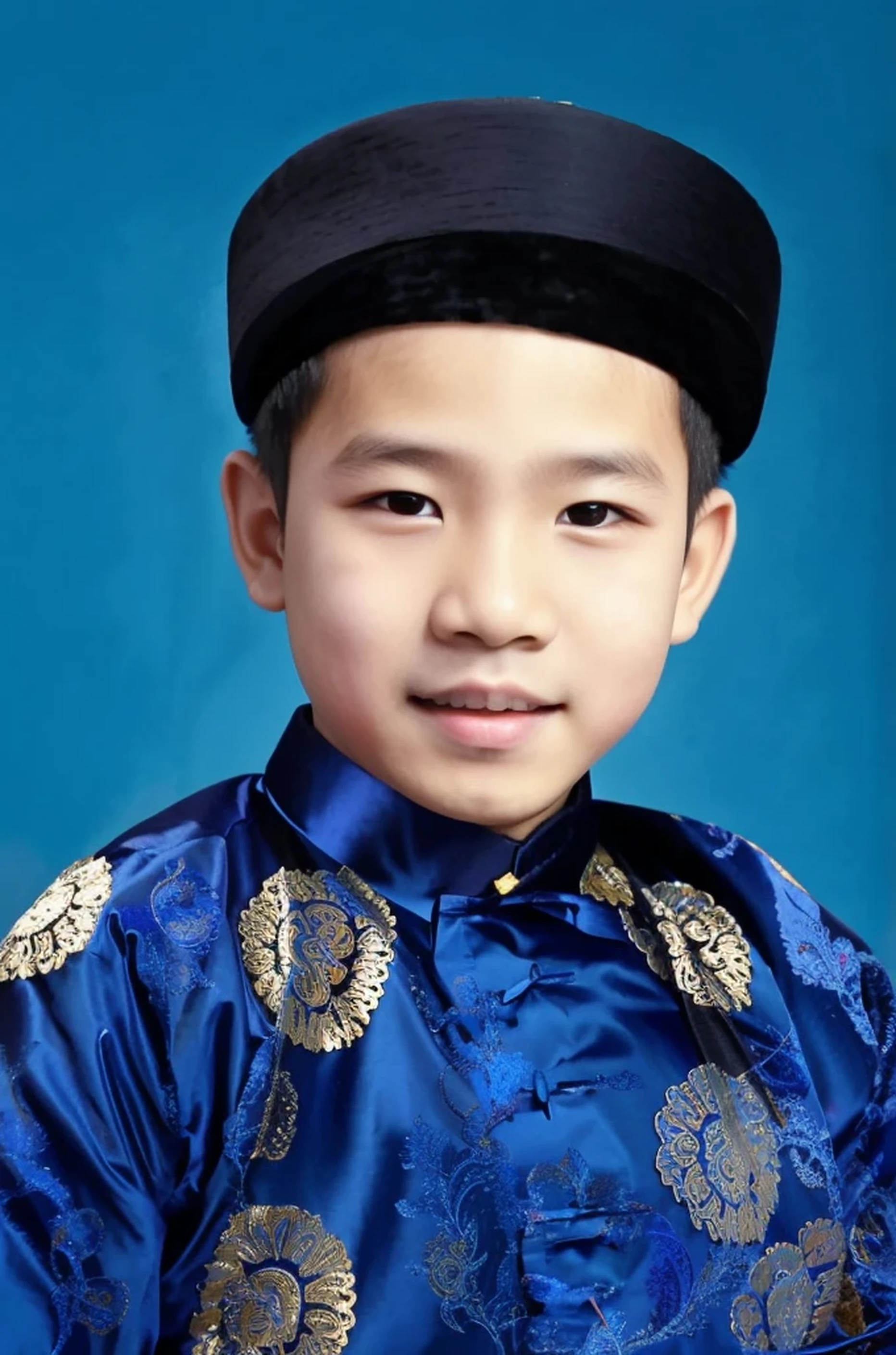 arafed photo d'un jeune garçon portant une tenue bleue et dorée, Phuoc Quan, aodai, dans le style de Lam Manh, couteau dans le, couvrir pham, par l'Travaux de'art Hoàng Tuong, Hoang Long Ly, phong yintion j-jiang geping, couverture, portrait, Dzung Phong Dinh