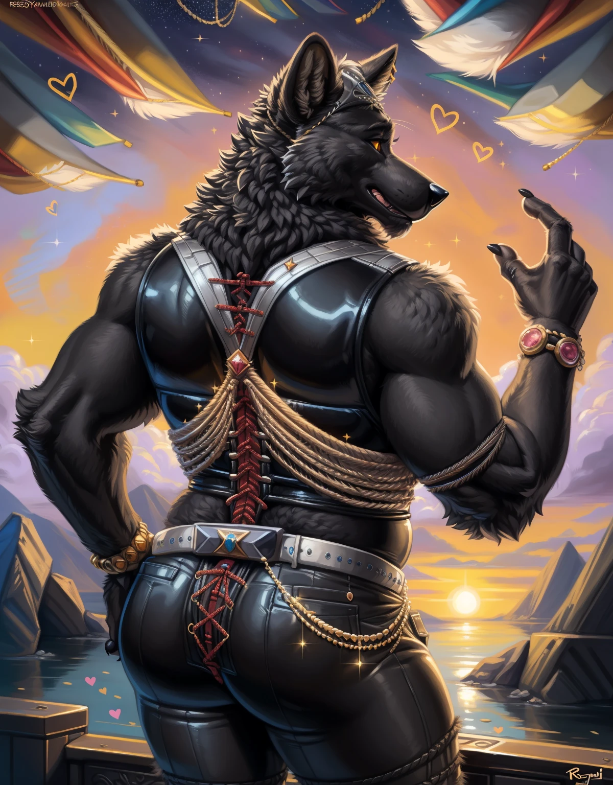 [🏃🏿‍♀️👩‍❤️‍💋‍👩], (absurd res), ((ultra high resolution)), (((beautiful quality))), (isometric view), (breathtaking painstakingly detailed background), (impressive lighting), (sunset clouds), (floating hearts), ((sparkles)), confetti, sunlight, ⫷|⫸ by foxovh, by sligarthetiger, by cumbread, by gammainks, by seibear, by lollipopcon, by dizzyknight, by greasymojo, by xpray, by roly, by personalami, by honovy, by thebigslick, by taran fiddler, by kenket, ⫷|⫸ jewelry, necklace, bracelet, colorful accessories, ear accessory, arm accessory, neck accessory, (leg accessory), ⫷|⫸ (fuzzy furry body:1.6), (detailed face), (tall body), tall ears, fur pattern, (raised tail), [slightly chubby anthro], (mature male:1.5), (dark black fur:1.7), (a black tiger), professional photoshoot, (laced clothing:1.6), (presenting hindquarters), huge ass, khaki pants,
