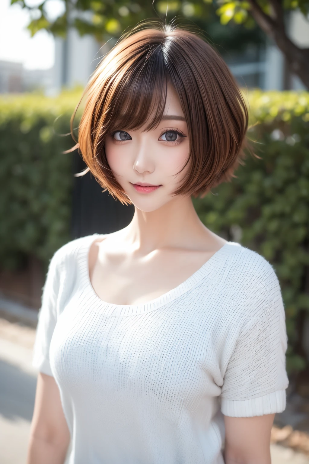 best quality, 32k, RAW photo, incredibly absurdres, extremely detailed, neat and cool beauty, flowing layered short bob cut, wearing dressed like a neat idol, perfect proportion, professional lighting