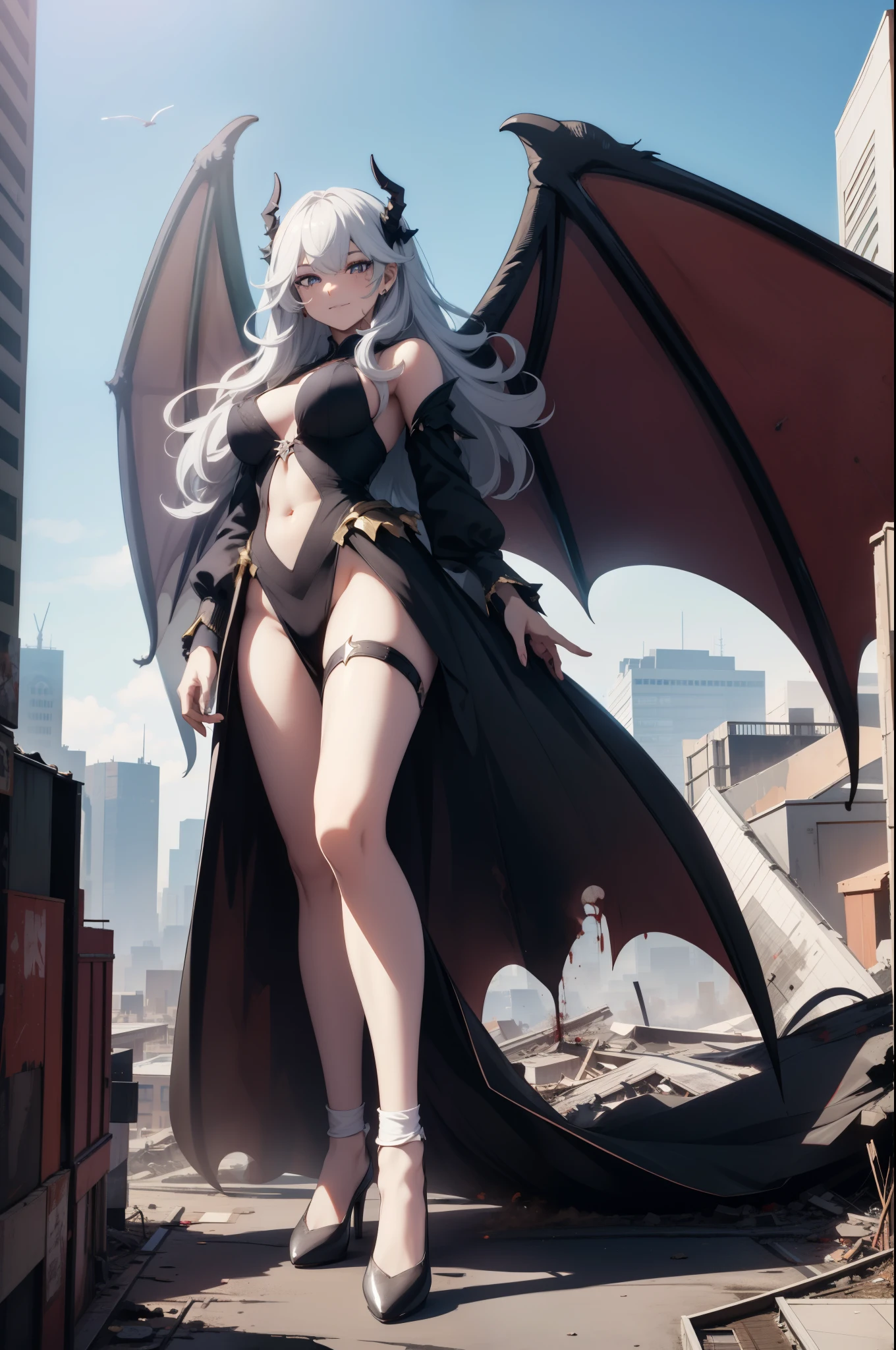 Aerial View，giant girl 50,000 feet high，Have a pair of long legs，Possessing a pair of huge demon wings，Princess，Has white waist-length hair，loose hair，Wear a pair of Mary Jane shoes，white curly hair，A look of enjoyment，Standing over a ruined city，Beautiful appearance，Exquisite makeup，quality，8k，高quality，(governor:1.5)，Perfect proportion, Cinema lighting，film grain，Fuji colors，8k，textured skin，Super details，high detail，high quality，high resolution，explode，fake smile，black，blood stains，脚底有blood stains