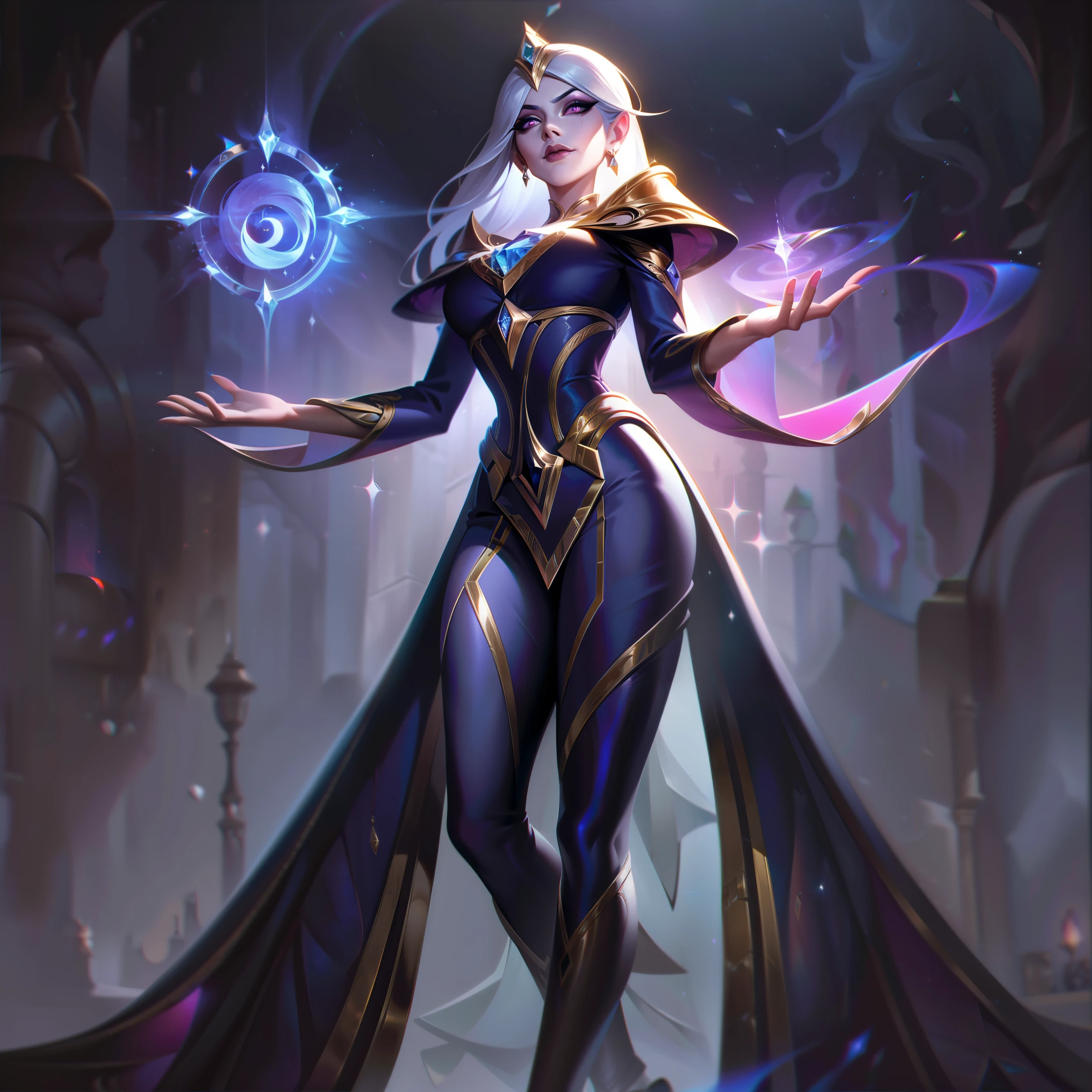 Alistra, vestindo roupas de uma maga arcana, apresenta um estilo elegante e misterioso. Seus cabelos longos e sedosos, de um tom profundo de roxo escuro, caem em ondas suaves sobre seus ombros. His eyes are an intense blue, shining with a magical glow and a wise expression. She has pale and luminous skin, which appears to radiate an aura of mystical energy. Alistra usa um traje de maga arcana, composto por um longo manto de veludo negro, decorated with silver embroidery representing arcane symbols. Sob o manto, She wears a deep blue fitted tunic, that highlights his slender figure. Alistra usa luvas de couro macio, also black, decoradas com detalhes prateados em formato de runas. Ela usa botas de cano alto, de uma tonalidade escura, que complementam perfeitamente o visual. Furthermore, ela carrega consigo um cajado de madeira entalhada, adorned with shining gems and arcane symbols, revealing your connection to magical forces. Her appearance as an arcane mage conveys power and wisdom, pronta para enfrentar qualquer desafio com sua magia. Arte league of legends