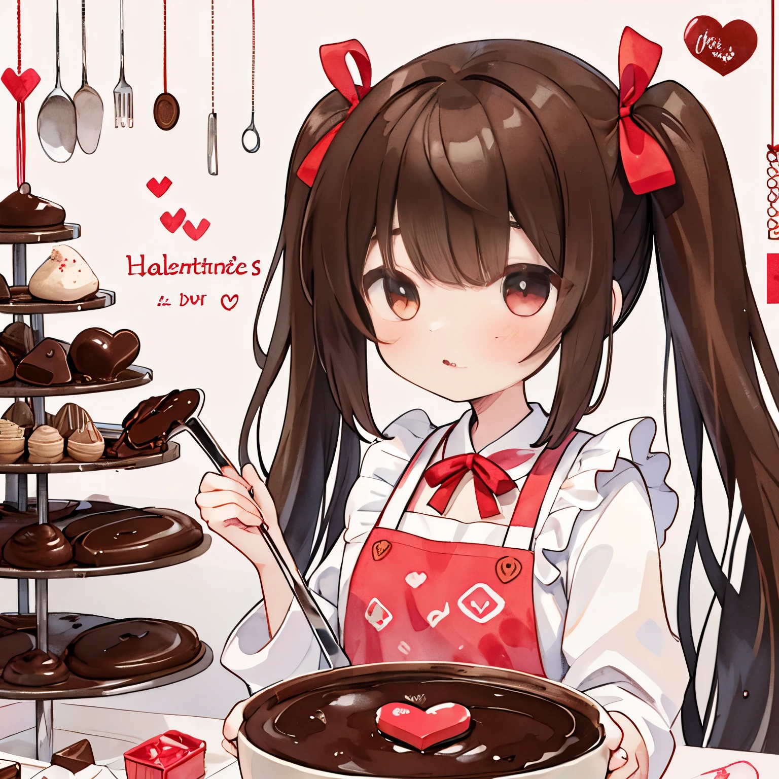transparent watercolor、girl、Jewel Eyes、Beautiful arrangements and motifs、Depth of bounds written、anime art、8K、detailed、Valentine、lots of chocolate、stylish decoration illustration、limited palette、chocolate around the illustration、Handmade Chocolate、red ribbon、brown hair、twin tails、red ribbonで髪を結ぶ、apron、brown and red image、可likeい、red eyes、chocolate on the face、holding a spatula、hold a bowl、Making chocolate、Valentineチョコレート、赤いheart、heart、Sparkling、like、love love、kitchen、Upper body、whole body、可likeいapron