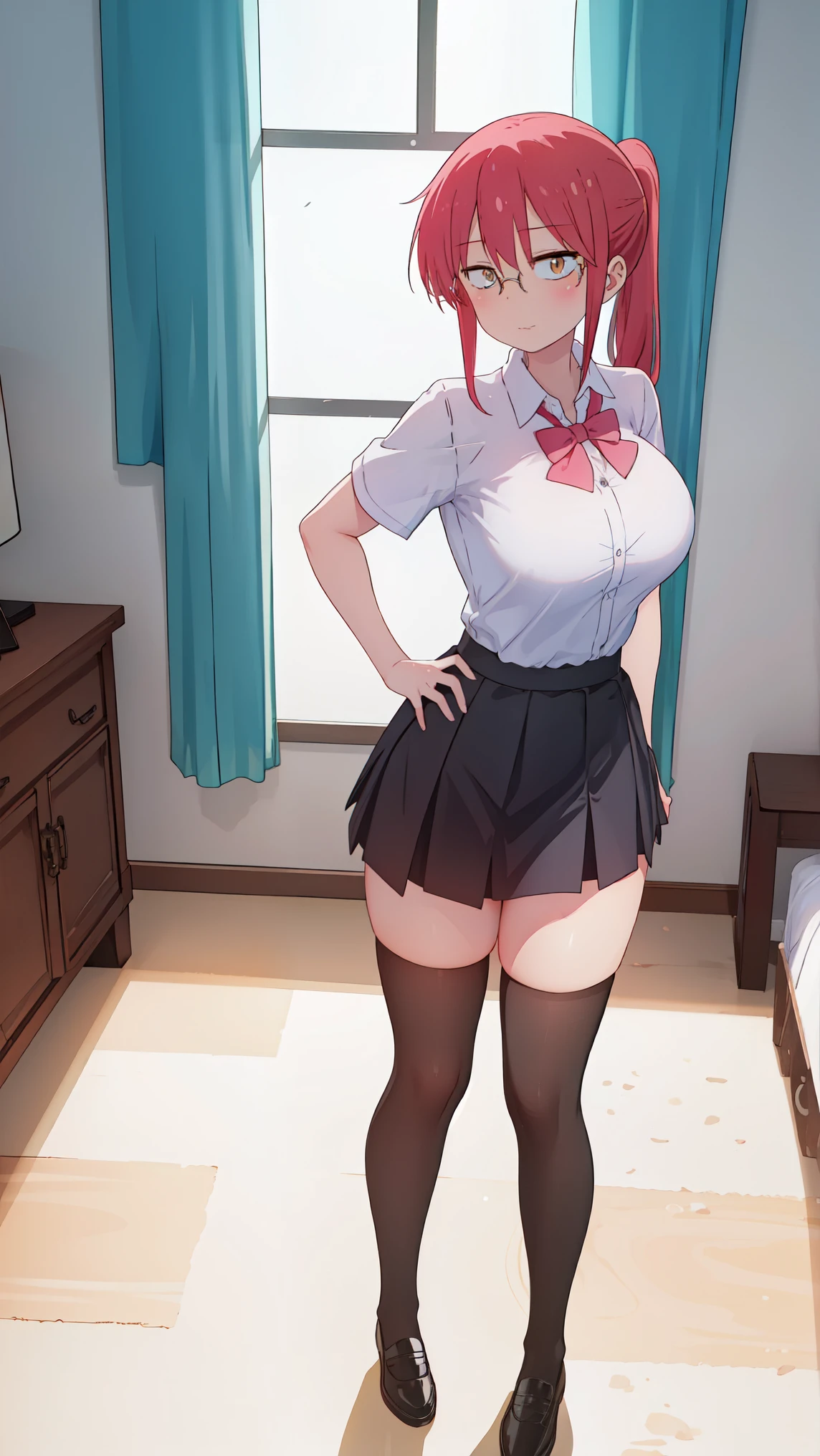 kobayashi_kobayashisanchinomaidragon, glasses, red_hair, blush, ponytail, bangs, closed_mouth, brown_eyes, 

(day:1.7), in a room with curtains on the windows,indoors, Standing at attention

1 girl, 20yo,YOUNG female,Beautiful Finger, Beautiful long legs ,Beautiful body ,Beautiful Nose ,Beautiful character design, perfect eyes, perfect face,

this character is standing in a dress wearing thigh high boots with black socks, 1girl, solo, thighhighs, white background, ahoge, long hair, white thighhighs, simple background, hand on hip, full body, bow, school uniform, looking at viewer, bowtie, shoes, loafers, (very short skirt:1.4), ribbon, (white shool shirt:1.2), (black plated skirt:1.2), (shirt tucked into skirt:1.2), (The skirt isn't torn:1.2), (short sleeves shirt:1.2), (The shirt is tight:1.2)

looking at viewer, in the center of the image, under butt

official art, extremely detailed CG unity 8k wallpaper, perfect lighting,Colorful, Bright_Front_face_Lightinasterpiece:1.0),(best_quality:1.0), ultra high res,4K,ultra-detailed,
photography, 8K, HDR, highres, absurdres:1.2, Kodak portra 400, film grain, blurry background, bokeh:1.2, lens flare, (vibrant_color:1.2)
, (beautiful_face:1.5),(narrow_waist), (Beautiful,Huge_Breasts:1.3)