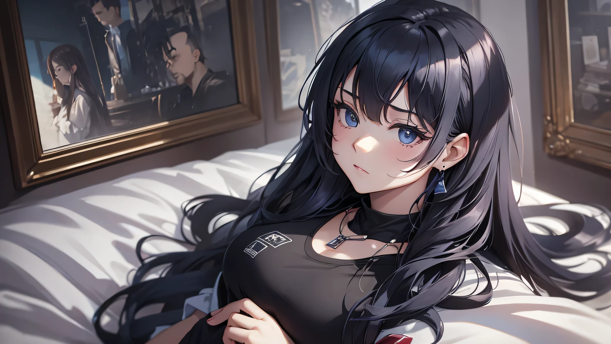 ((best quality)), ((highly detailed)), masterpiece, absurdres, extremely detailed face, beautiful face, (detailed eyes, deep eyes), <lora:more_details:.4>, (1girl), close-up, upper body, NEET, (fair skin), <lora:bags_under_eyes:1>, ((bags under eyes)), tired, sleepy, (very long hair), (((very messy hair))), black hair, (cyan eyes), large breasts, frown, oversized dress shirt, ((untucked shirt)), off shoulder, bare shoulders, collarbone, choker, <lora:pajamas:.6>, pajamas, thighhighs, ((in a dark room)), lights off, (dim lighting), messy room, junk food, ((from behind)), (butt crack), (facing away), faceless female, a large television, video game console, futon, at night, <lora:LowRA:.6>, dark theme, indoors, in a bedroom, , on bed, pillow, lying, on side, stuffed toys, stuffed animals, <lora:pajamas:.6>, pajamas, ((socks)), <lora:pillow_v1:.7>, pillow hug, holding pillow, pillow hug, large pillow, heart pillow, yes-pillow