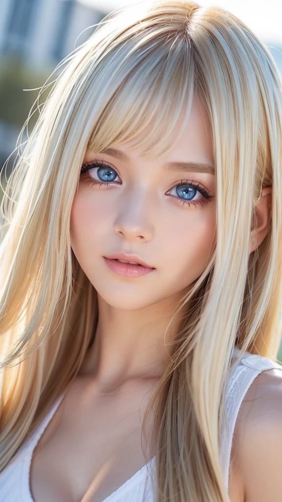 Glowing blonde dancing in front of cute face、long silky bangs that cover the eyes、Very large and bright pale sky blue eyes、very big eyes、long blonde hair that hides her face、Sexy cute teenage woman&#39;s super long blonde shining bright straight hair、blonde hair above the eyes、片blonde hair above the eyes、blonde between the eyes、Very bright white and young beautiful skin、Shiny skin、cheek gloss、cheek highlights、small face beauty、face over the hair、ample breasts