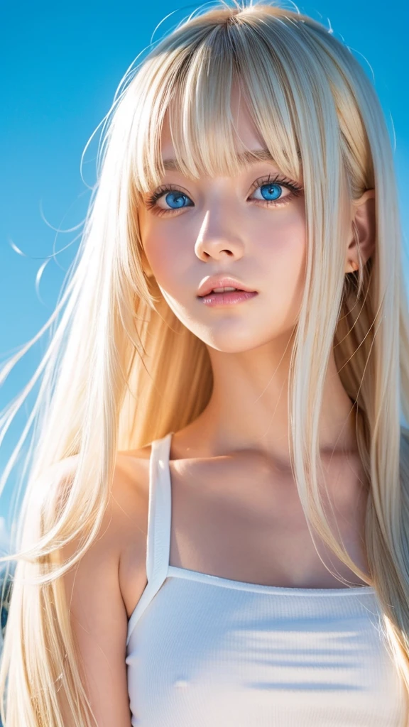 Glowing blonde dancing in front of cute face、long silky bangs that cover the eyes、Very large and bright pale sky blue eyes、very big eyes、long blonde hair that hides her face、Sexy cute teenage woman's super long blonde shining bright straight hair、blonde hair above the eyes、片blonde hair above the eyes、blonde between the eyes、Very bright white and young beautiful skin、Shiny skin、cheek gloss、cheek highlights、small face beauty、face over the hair、ample breasts