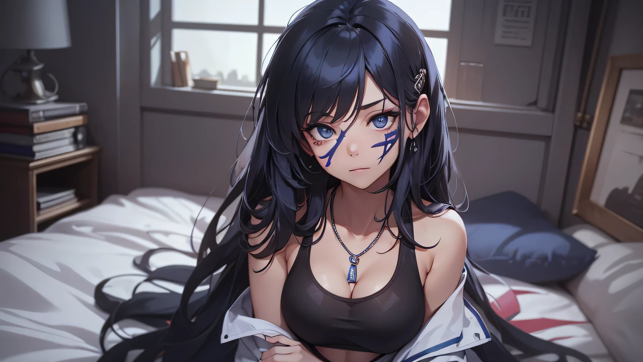 最high quality、best image quality、masterpiece、age girl((18-year-old、 By becoming、vest bust、medium bust,wide open breast tea、black eye, black hair、long hair、thin,highest valley、cute makeup、red sports bra、Black sports pants、White Necklace、Blackface Paint、Navy jacket、tired face、Sweat)),high quality、beautiful art、background((on the bed)),debris flies、Depth of written boundary、movie、visual art、perfect art、8K,genuine