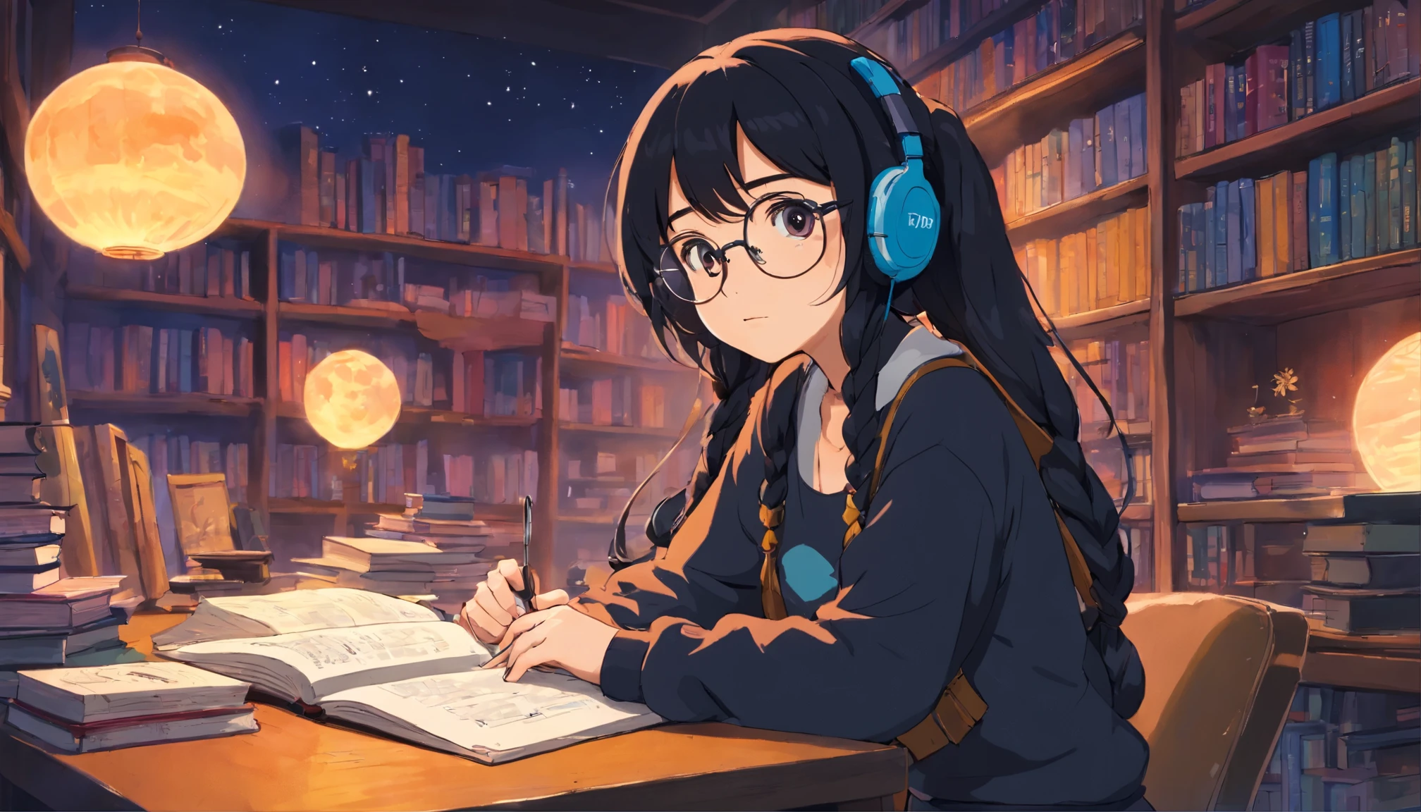 masterpiece, high quality cg, anime, illustration, best quality, 1girl, bound, bondage, beautiful face, detailed face, cowboy shot, dokkaebi, 1girl, solo, looking at viewer, black hair, braid, glasses, black gloves, belt, pants, black eyes, twin braids, streaked hair, black headwear, bodysuit, black pants, round eyewear, black bodysuit, beanie, hair behind ear, anime girl studying in her room, dreaming, wearing headphones, too many books, bookshelves, night lights, neon landscape on a snowy day. Analog color theme. Lo-Fi Hip hop, retrospective flat. 2.5D. Draw a line, Ink Drawing, Large slope, watercolor painting, Goosch Colors, Studio Ghibli Style, Awesome colorful, Outer ton, krautrock, lofi art, 70s style, old texture, amplitude, psychedelic vibe, masterpiece, Tremendous technology.