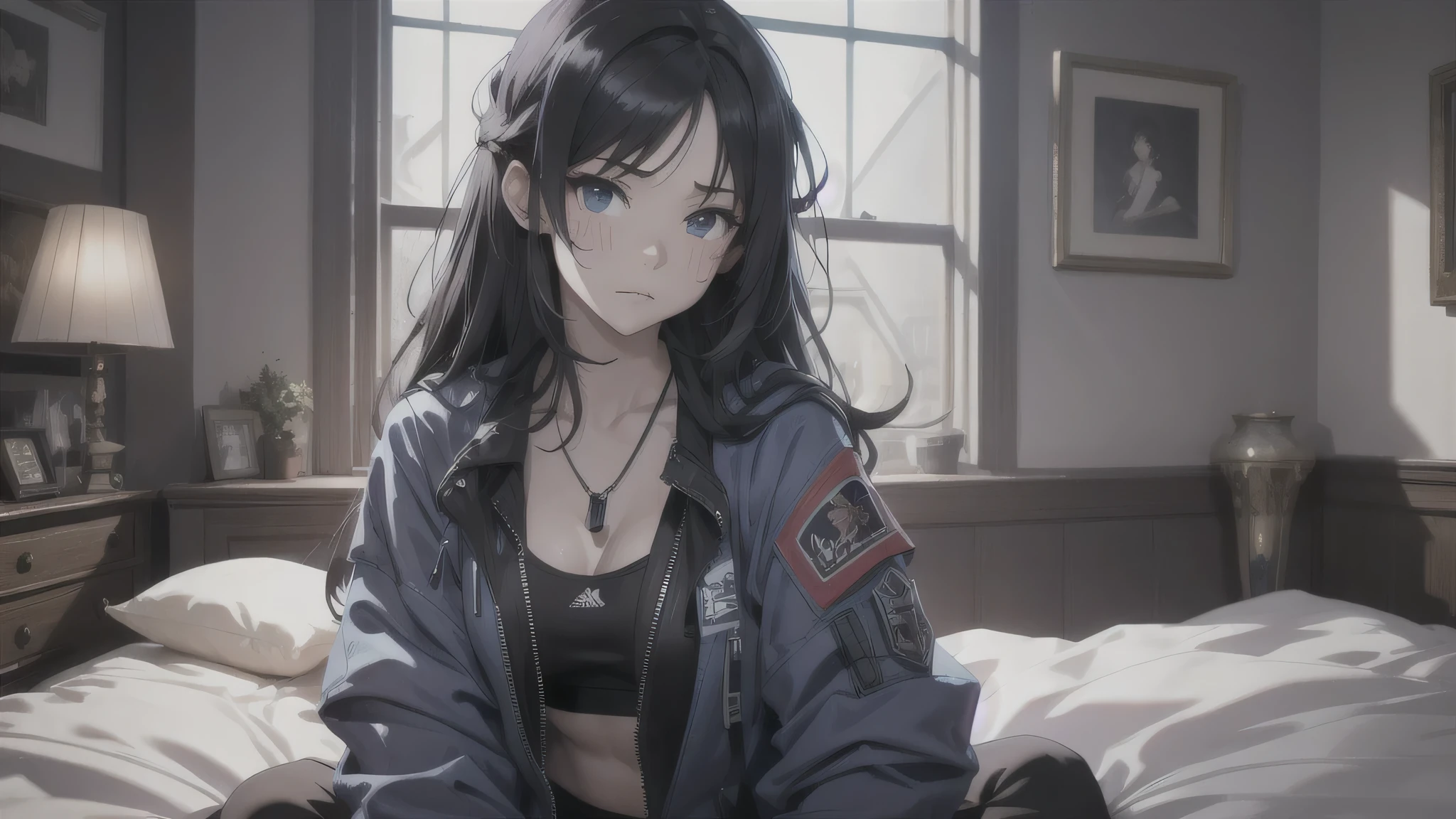 最high quality、best image quality、masterpiece、age girl((18-year-old、 By becoming、vest bust、medium bust,wide open breast tea、black eye, black hair、long hair、thin,highest valley、cute makeup、red sports bra、Black sports pants、White Necklace、Blackface Paint、Navy jacket、tired face、Sweat)),high quality、beautiful art、background((on the bed)),debris flies、Depth of written boundary、movie、visual art、perfect art、8K,genuine