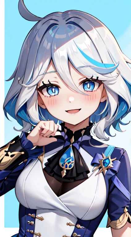 masterpiece, best quality, Gollens, 4K resolution, Minimalism, 1 girl,alone, little girl, Forina, Blue style, nature, cute eyes, short hair, ornament hair, white hair, blue dress, have, blush, Smile, Raise your hand, trying to scare the audience