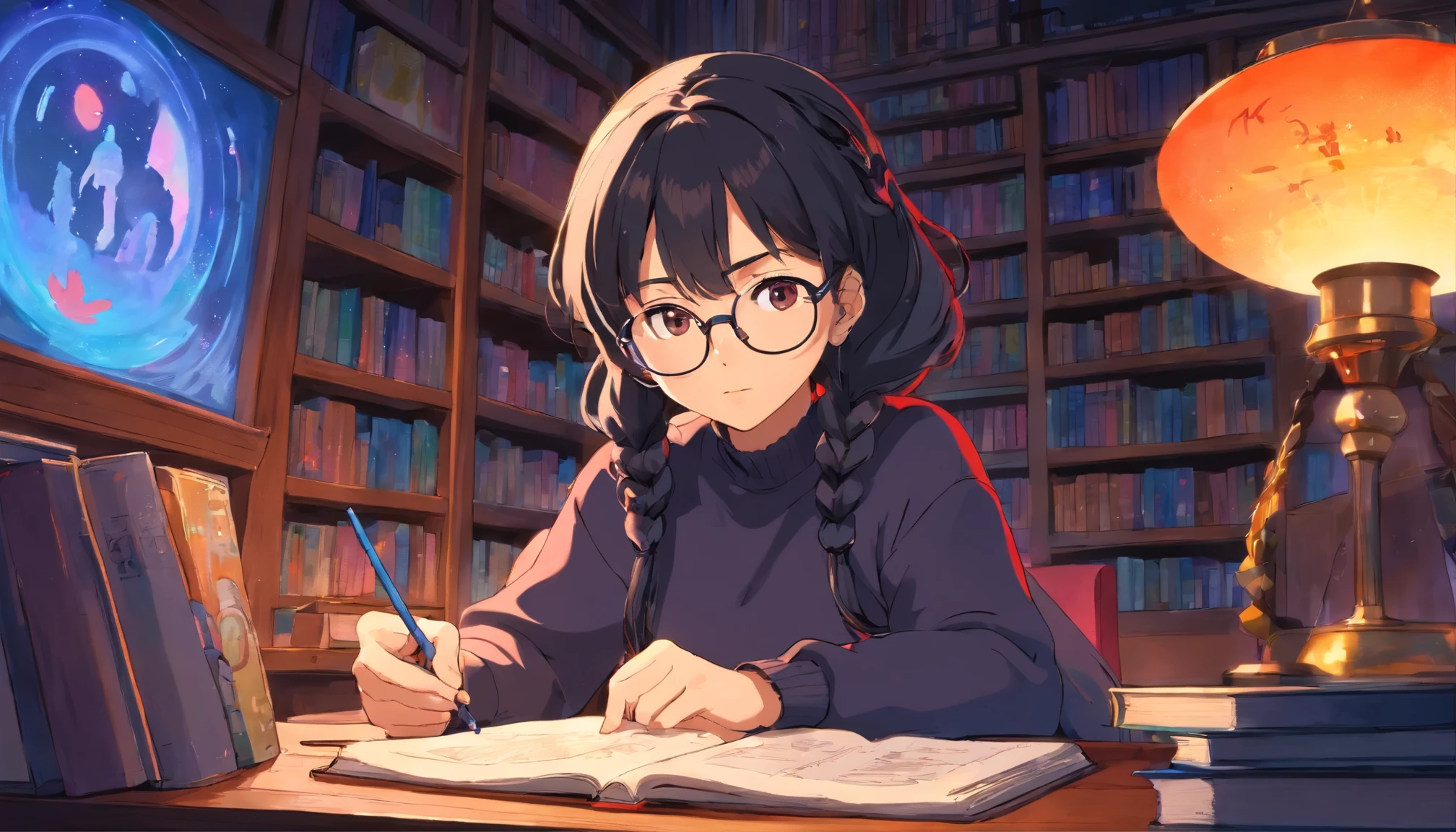 masterpiece, high quality cg, anime, illustration, best quality, 1girl, bound, bondage, beautiful face, detailed face, cowboy shot, dokkaebi, 1girl, solo, looking at viewer, black hair, braid, glasses, black gloves, belt, pants, black eyes, twin braids, streaked hair, black headwear, bodysuit, black pants, round eyewear, black bodysuit, beanie, hair behind ear, anime girl studying in her room, dreaming, wearing headphones, too many books, bookshelves, night lights, neon landscape on a snowy day. Analog color theme. Lo-Fi Hip hop, retrospective flat. 2.5D. Draw a line, Ink Drawing, Large slope, watercolor painting, Goosch Colors, Studio Ghibli Style, Awesome colorful, Outer ton, krautrock, lofi art, 70s style, old texture, amplitude, psychedelic vibe, masterpiece, Tremendous technology.