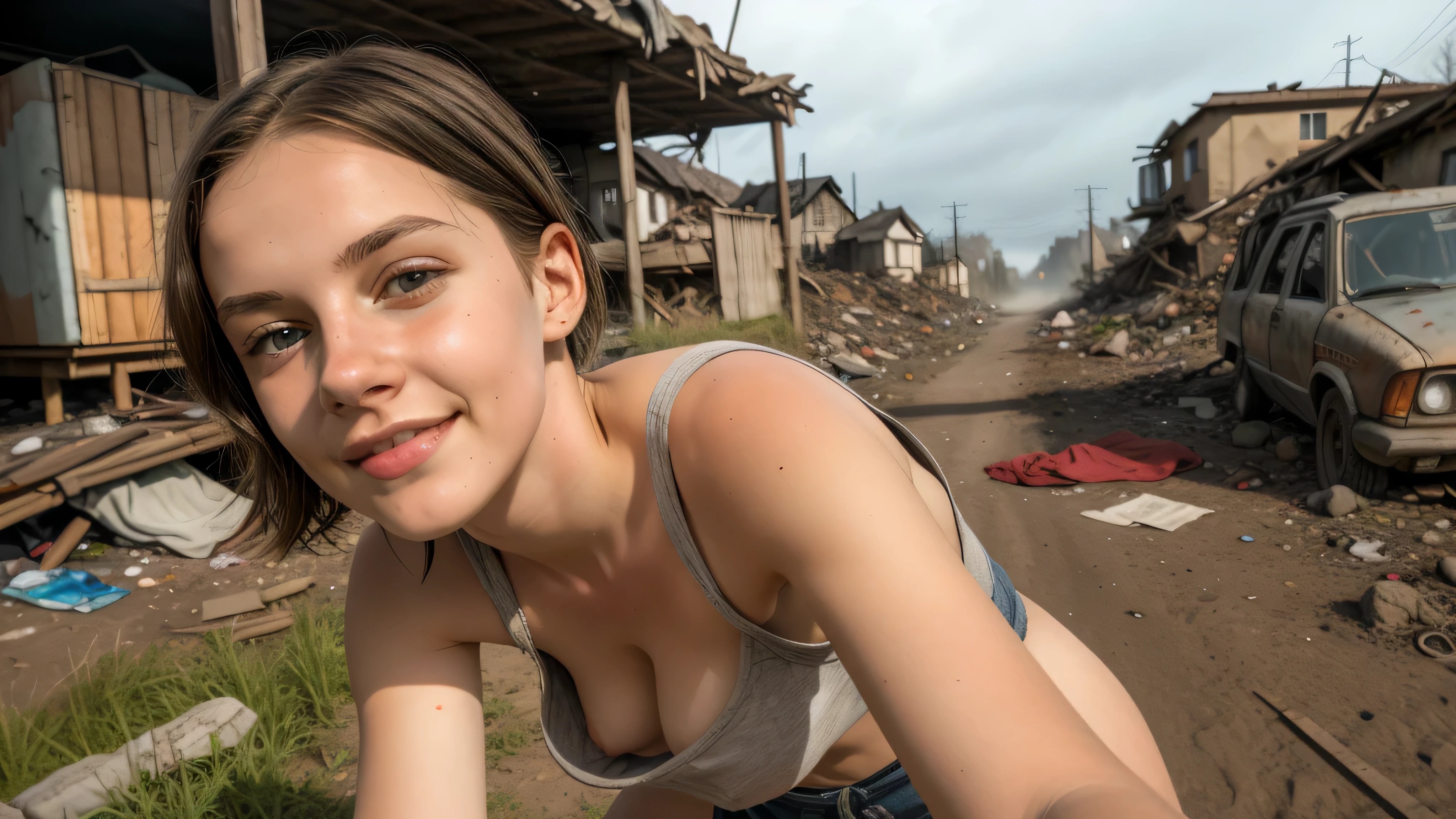 An androgynous female survivor in the wasteland. apokalyptisches Setting. sehr kurzes Haar. Short male haircut. Dunkelbraunes Haar mit Undercut. Sehr blasse Haut mit Sommersprossen und Leberflecken. Rundes, weiches Gesicht. Rundes, weiches Kinn. Runde, weiche Wangen. Geschwungene Lippen. stupsige Nase. dunkelbraune Augen. nach oben gerichtete Augen. very thin, kaum sichtbare Augenbrauen. Schlank. kleine Brust. lange dicke Beine. freundlich. Art. androgyn. Burschikos. Wears the used clothing of a wastelander. Hintergrund: An apocalyptic wasteland. Staubig und deprimierend. 