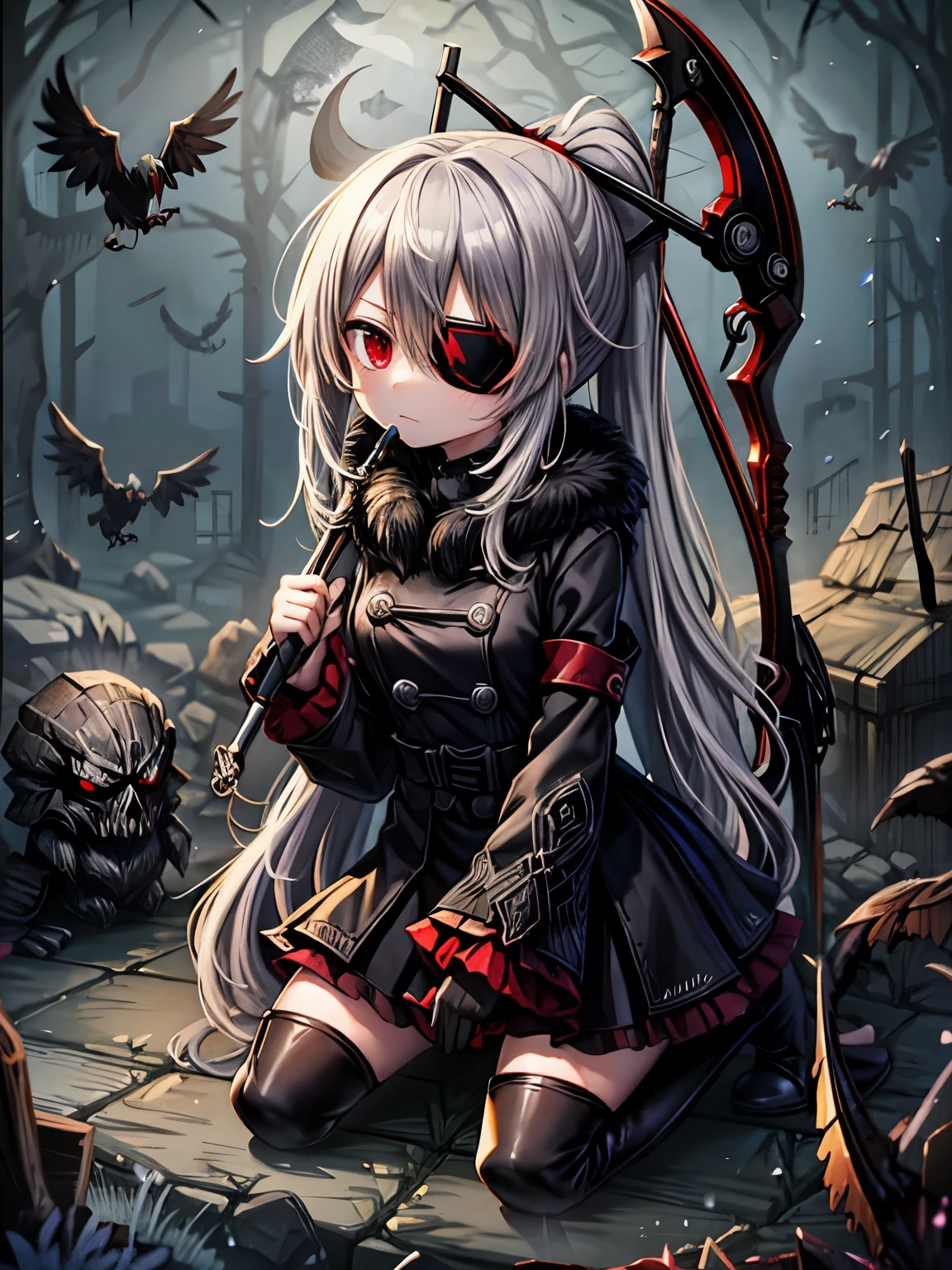 gray hair　red eye　black clothes　the scytheを持っている　boots　eyepatch　Kitchen two disease　cool　Crow　the scythe　dark　dark darkness　大the scythe　grim Reaper　evil　ponytail　long coat　sefu　ラスsefu　Red Moon　Blindfold