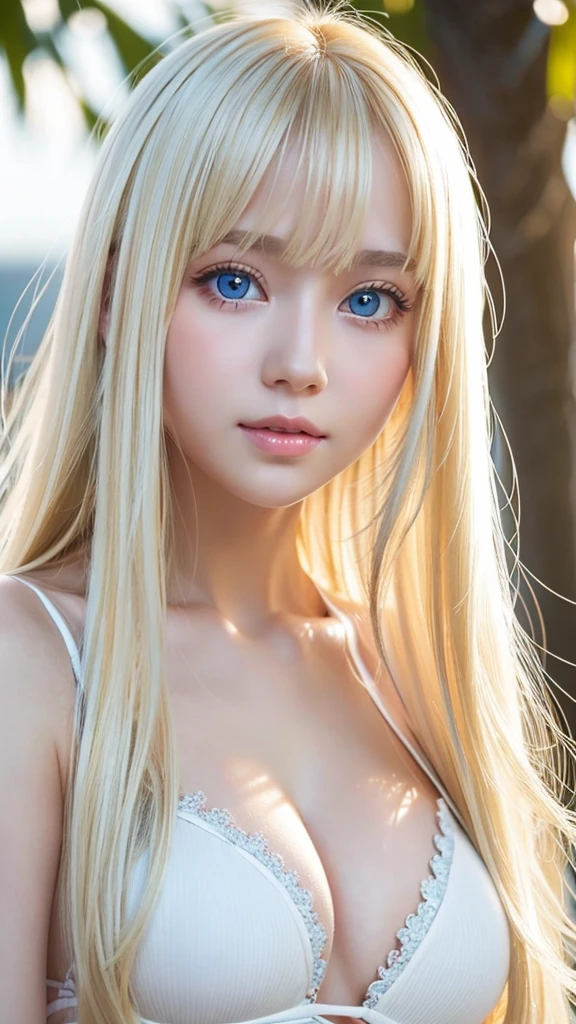 Glowing blonde dancing in front of cute face、long silky bangs that cover the eyes、Very large and bright pale sky blue eyes、very big eyes、long blonde hair that hides her face、Sexy cute teenage woman's super long blonde shining bright straight hair、blonde hair above the eyes、片blonde hair above the eyes、blonde between the eyes、Very bright white and young beautiful skin、Shiny skin、cheek gloss、cheek highlights、small face beauty、face over the hair、ample breasts