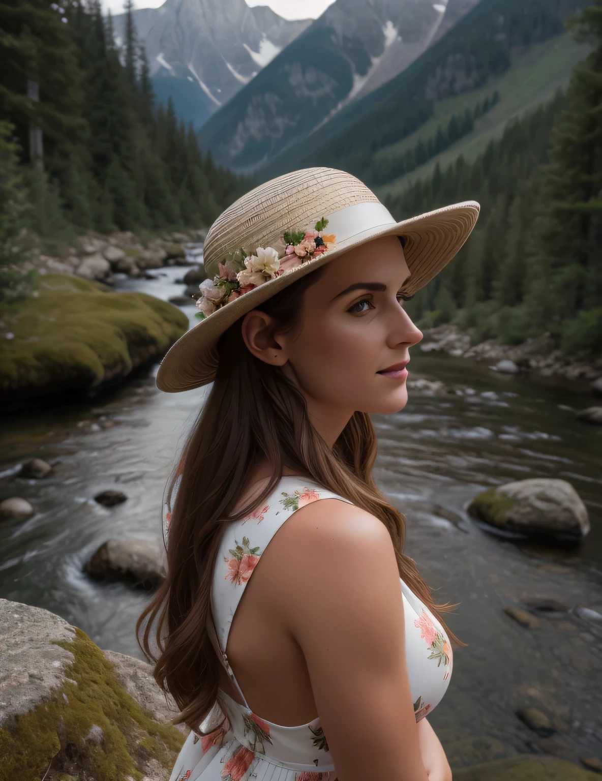 photorealistic, best quality, hyper detailed, beautiful woman, upper body, solo, back pose, outdoors, Sunny Day, mountains, real life nature, (cheerful, happy), sleeping bag, Elegant floral dress, Beautiful Hat, forest, rocks, river, wood, smoke, fog, clear sky, analog style, looking at viewer, skin texture, film grain, close up, ultra high res, best shadow, RAW, instagram LUT