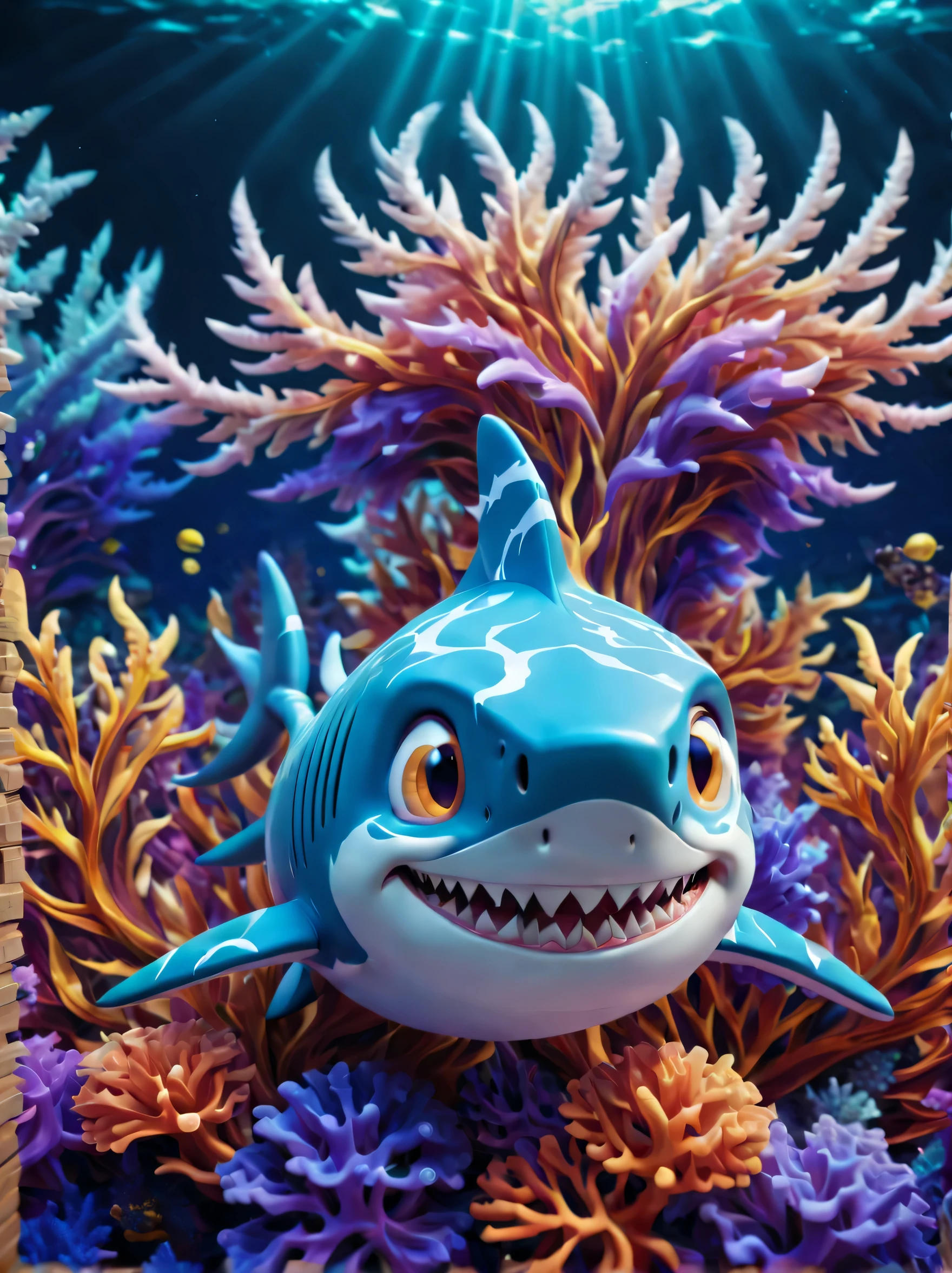 (1 cute shark:1.5), (Pixar:1.1, coral:1.2, underwater:1.1), （anatomically correct）, Studio Ghibli style, 3D illustration,Color is super bright,Soft skin tone,Naked Eyes Playful and Expressive Eyes，自然主义的coral，异想天开的underwater场景，Fantastic lighting，Detailed introduction，Happy and peaceful melody，noir photography style，Psychedelic drugs woxel3d, Made up of voxels, Psychedelic