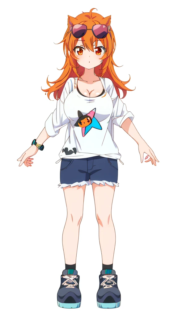orange hair、wearing sunglasses、Cartoon girl in white shirt, q girls, big_breast!, full_Body!!, !!full Body portrait!!, female anime character, single character full Body, anime full Body illustration, full Body portrait of a short!, full Body!!, comic character, Produced by Anime Painter Studio, full Body adoptable, detailed, masterpiece