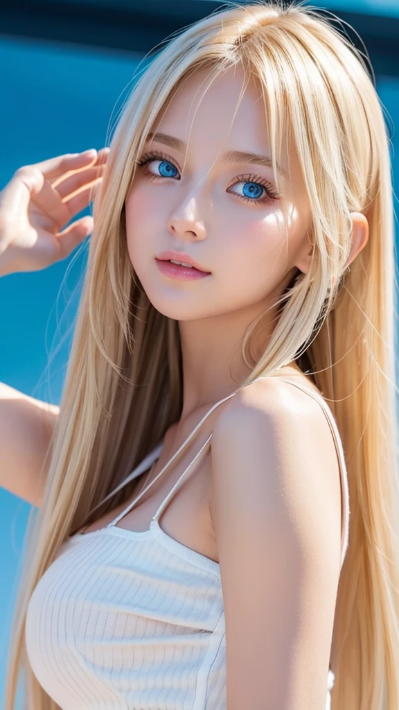 Glowing blonde dancing in front of cute face、long silky bangs that cover the eyes、Very large and bright pale sky blue eyes、very big eyes、long blonde hair that hides her face、Sexy cute teenage woman's super long blonde shining bright straight hair、blonde hair above the eyes、片blonde hair above the eyes、blonde between the eyes、Very bright white and young beautiful skin、Shiny skin、cheek gloss、cheek highlights、small face beauty、face over the hair、ample breasts
