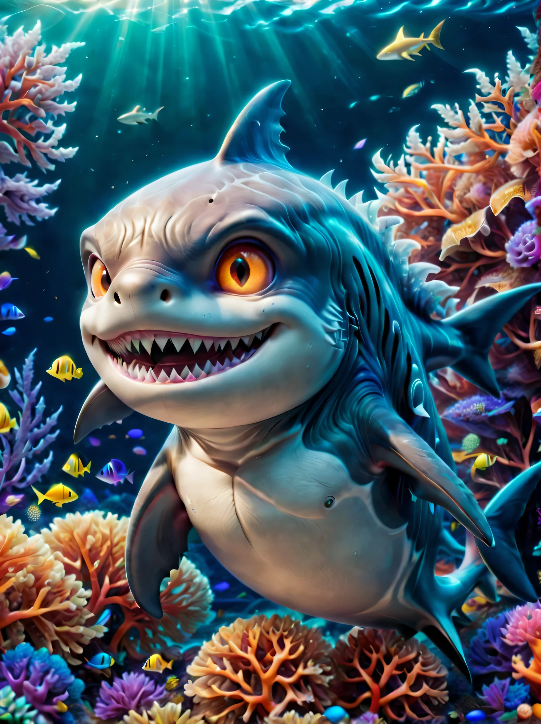 (1 cute shark:1.5), (Pixar:1.1, coral:1.2, underwater:1.1), （anatomically correct）, Studio Ghibli style, 3D illustration,Color is super bright,Soft skin tone,Naked Eyes Playful and Expressive Eyes，自然主义的coral，异想天开的underwater场景，Fantastic lighting，Detailed introduction，Happy and peaceful melody，noir photography style，Psychedelic drugs woxel3d