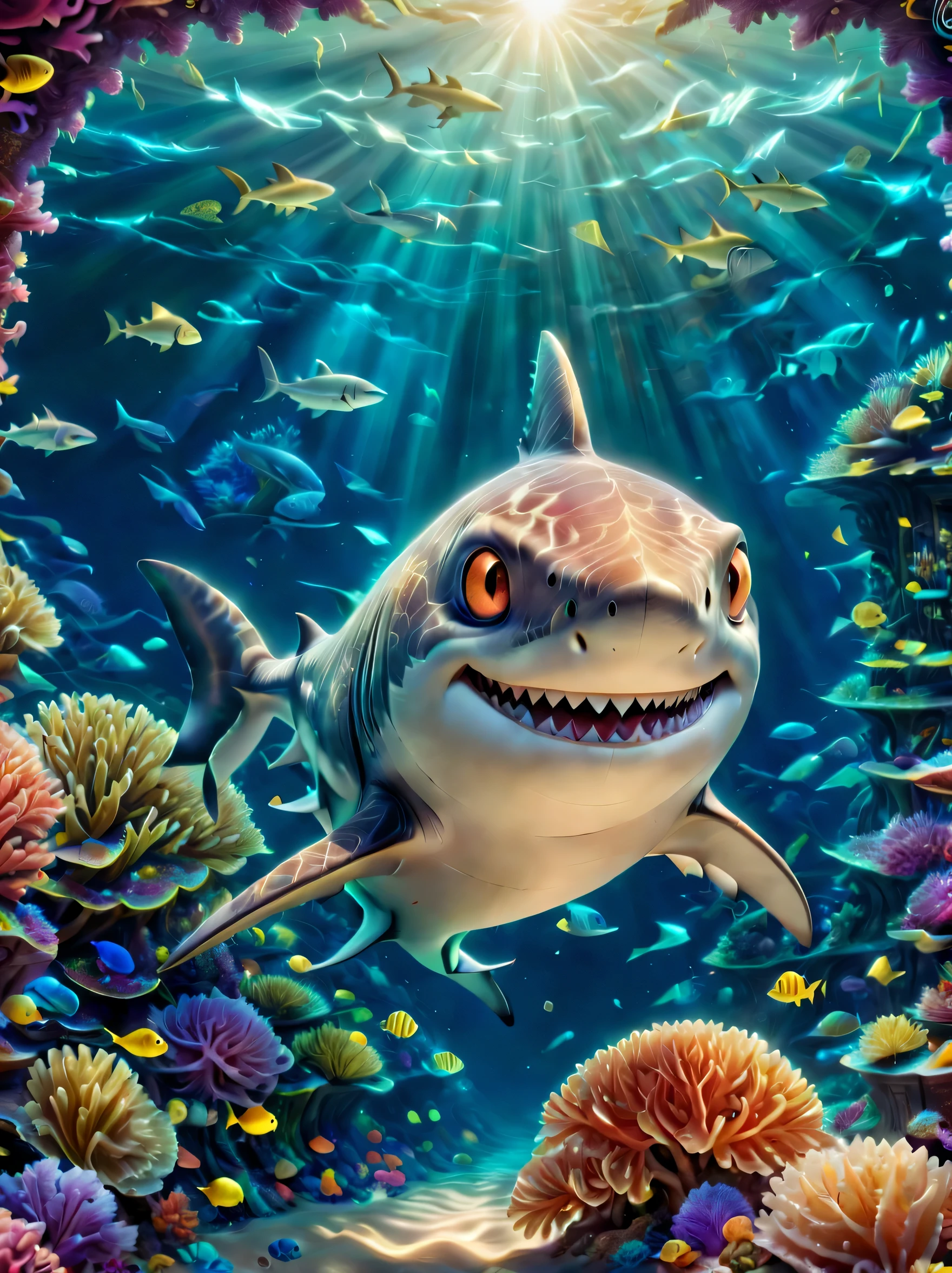 (1 cute shark:1.5, Pixar:1.1, coral:1.2, underwater:1.1), （anatomically correct，normal shark structure:1.5）, Studio Ghibli style, 2d illustration,Color is super bright,Soft skin tone,Naked Eyes Playful and Expressive Eyes，自然主义的coral，异想天开的underwater场景，Fantastic lighting，Detailed introduction，Happy and peaceful melody，noir photography style，Psychedelic drugs woxel3d