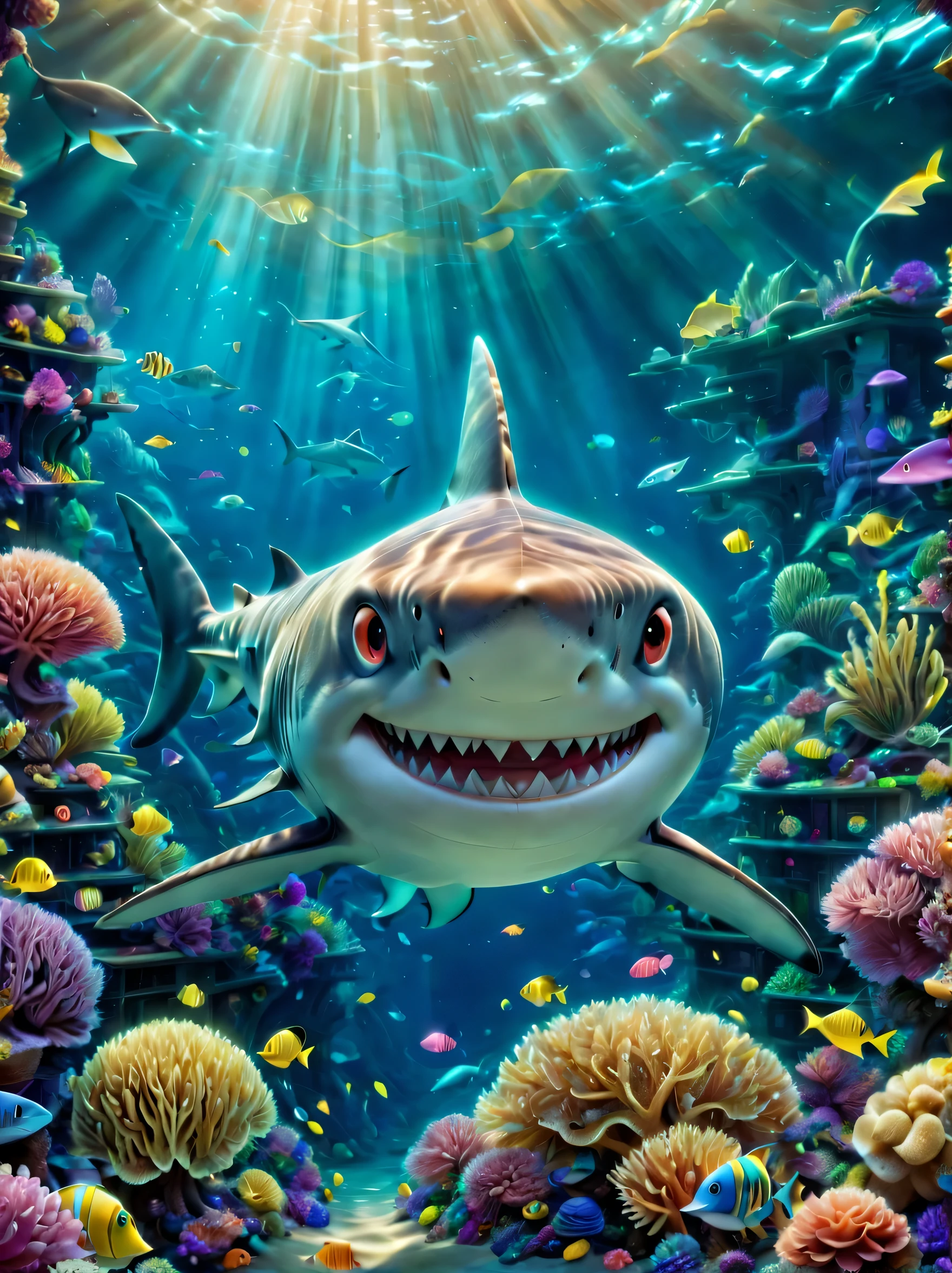 (1 cute shark:1.5, Pixar:1.1, coral:1.2, underwater:1.1),Studio Ghibli style, 2d illustration,Color is super bright,Soft skin tone,Naked Eyes Playful and Expressive Eyes，自然主义的coral，异想天开的underwater场景，Fantastic lighting，Detailed introduction，Happy and peaceful melody，noir photography style，Psychedelic drugs woxel3d