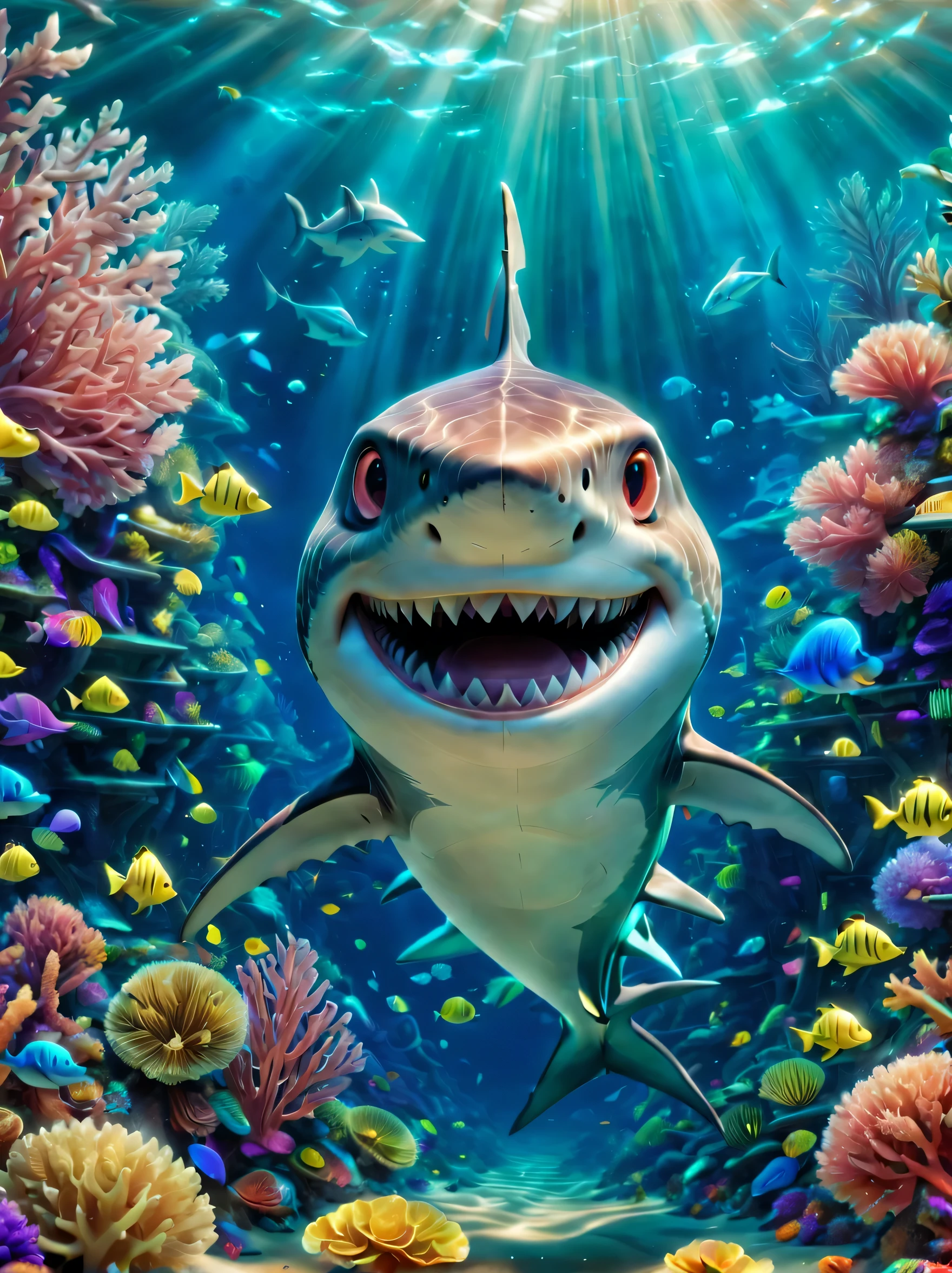 (1 cute shark:1.5, Pixar:1.1, coral:1.2, underwater:1.1),Studio Ghibli style, 2d illustration,Color is super bright,Soft skin tone,Naked Eyes Playful and Expressive Eyes，自然主义的coral，异想天开的underwater场景，Fantastic lighting，Detailed introduction，Happy and peaceful melody，noir photography style，Psychedelic drugs woxel3d