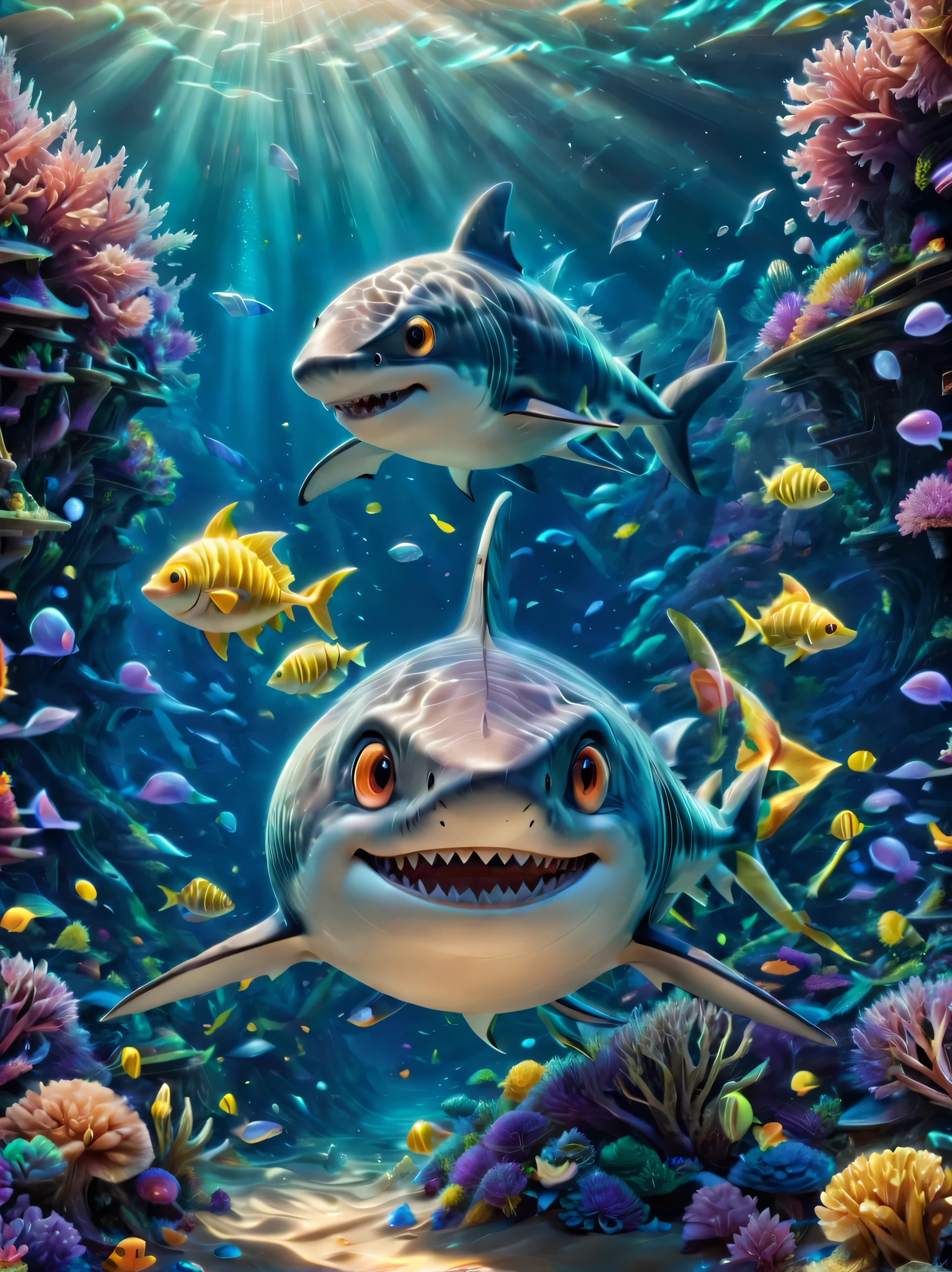 (1 cute shark:1.5, Pixar:1.1, coral:1.2, underwater:1.1),Studio Ghibli style, 2d illustration,Color is super bright,Soft skin tone,Naked Eyes Playful and Expressive Eyes，自然主义的coral，异想天开的underwater场景，Fantastic lighting，Detailed introduction，Happy and peaceful melody，noir photography style，Psychedelic drugs woxel3d