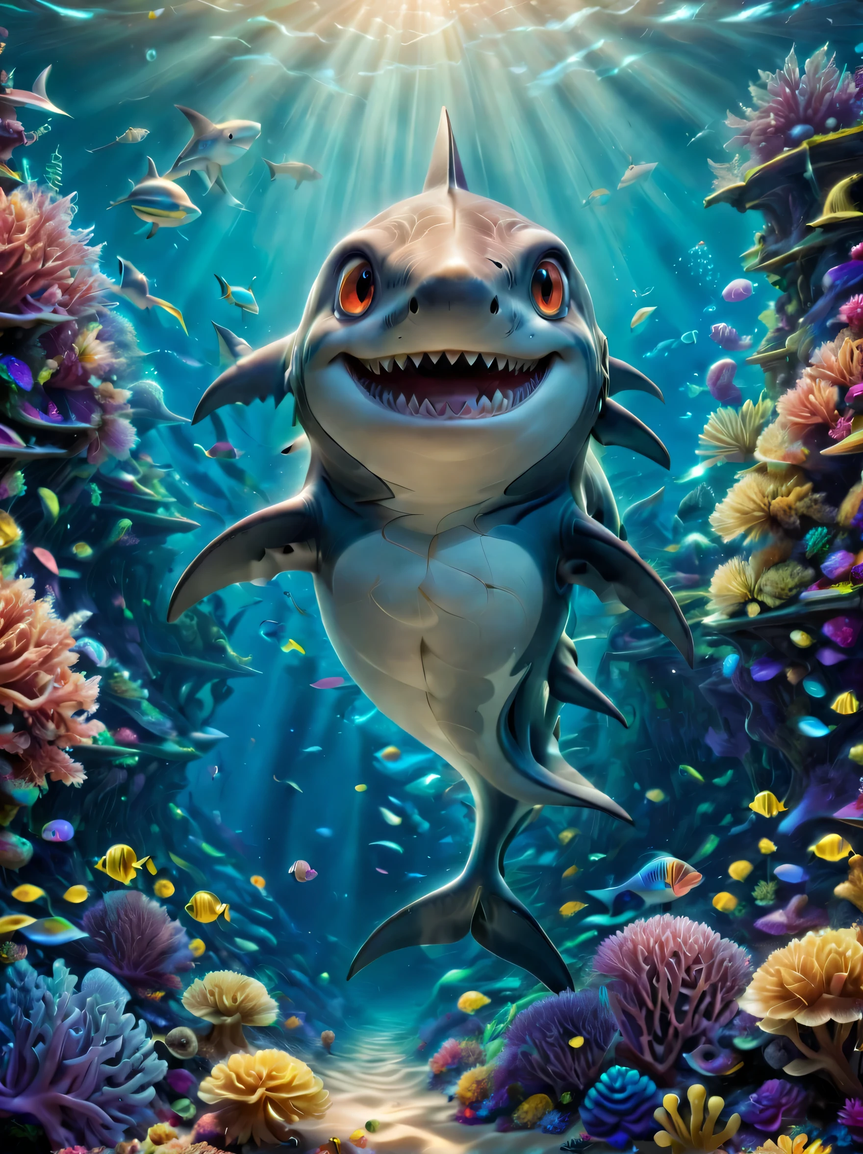 (1 cute shark:1.5, Pixar:1.1, coral:1.2, underwater:1.1),Studio Ghibli style, 2d illustration,Color is super bright,Soft skin tone,Naked Eyes Playful and Expressive Eyes，自然主义的coral，异想天开的underwater场景，Fantastic lighting，Detailed introduction，Happy and peaceful melody，noir photography style，Psychedelic drugs woxel3d