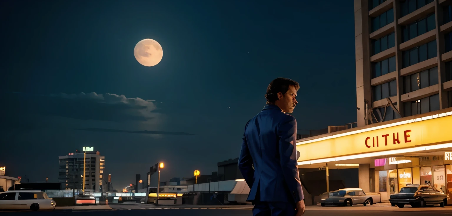 4k image from a 1960s science fiction film by Wes Anderson, Filme O Grande Hotel Budapeste, pastels colors, an big city with neon colors, at night walk, big city retro futuristic neon, Retro-futuristic from the 60s, Luz Natural, Psicodelia, futurista estranho, retro-futurista, photo-realistic, Sharp background details, solitude, sadness, lonely man. big moon, man from back closeup
