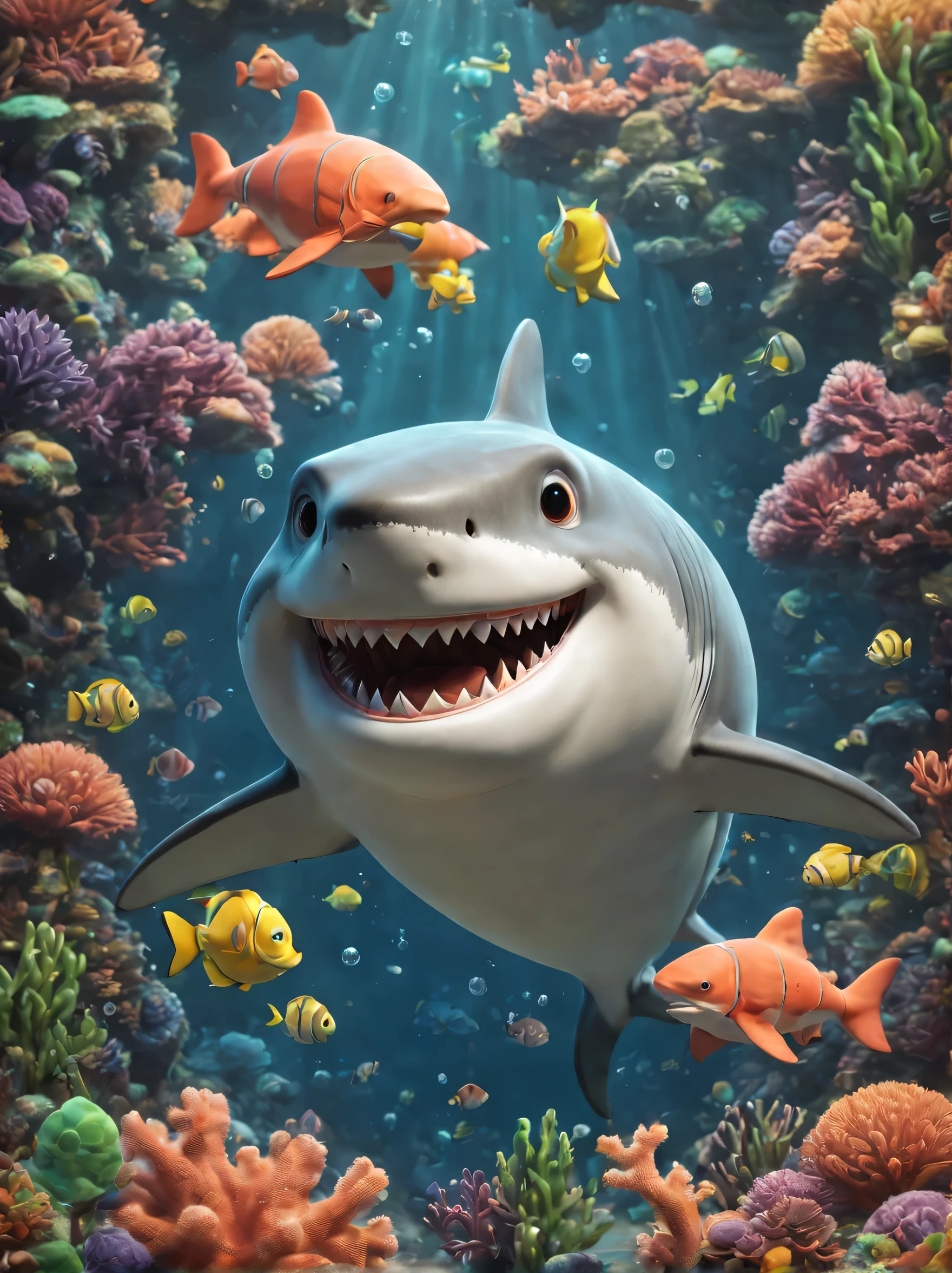 (1 cute shark:1.5, Pixar:1.1, coral:1.2, underwater:1.1),Studio Ghibli style, 2d illustration,Color is super bright,Soft skin tone,Naked Eyes Playful and Expressive Eyes，自然主义的coral，异想天开的underwater场景，Fantastic lighting，Detailed introduction，Happy and peaceful melody，noir photography style