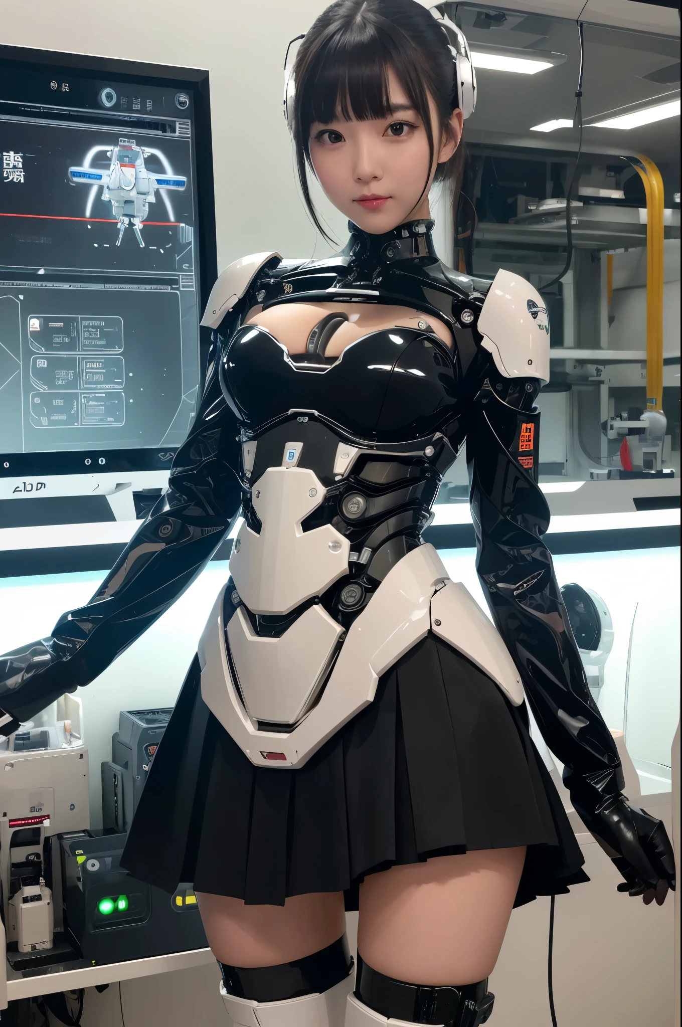 masterpiece, best quality, extremely detailed, hight resolution, 超A high resolution:1.1, (masutepiece, Realistic, Photorealsitic:1.1),8k portrait, Japaese android Girl,Plump,single eyelid,announcer,control panels,android,Droid,Mechanical Hand, Robot arms and legs, Black hair,Mechanical body,Blunt bangs,perfect mechanical abdomen,White robotics parts,perfect robot woman,cyberpank costume,She is powered by electricity,future laboratory,perfect plastic body,perfect mechanical body,black sponge joints,The removable cover is on the groin,The connection port is on the groin,opened chest panel,access panel on the chest,opened breast panel,perfect mechanical breast,machine body,white robot body,ceramic breast,perfect plastic breast,She has been assembled by robotarm,assembly plant,miniskirt,pleated skirt,boots,perfect future costume,perfect mechanical bodycover,separate booth,She has storaged in the booth,perfect machine body,perfect cyborg girl,