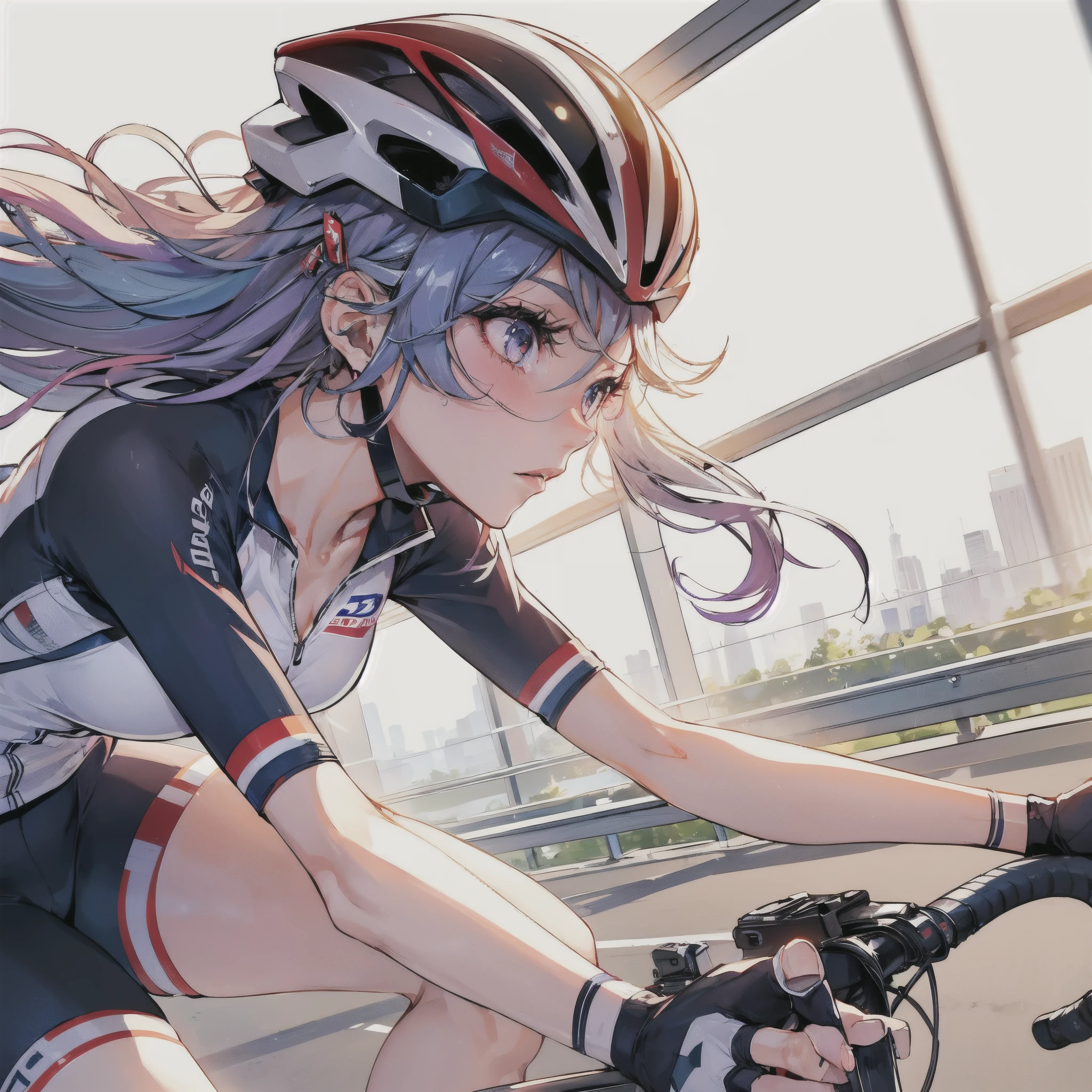 high quality,hd,16k,sharp line,1girl,female cycling athlete ,bycycle,cute face, large breasts, slender body, delicate body,nice legs, sweat,in cycling venue,focus girl,detailed beautiful face,detailed clothes,beautiful eyes,cool,dynamic angle
