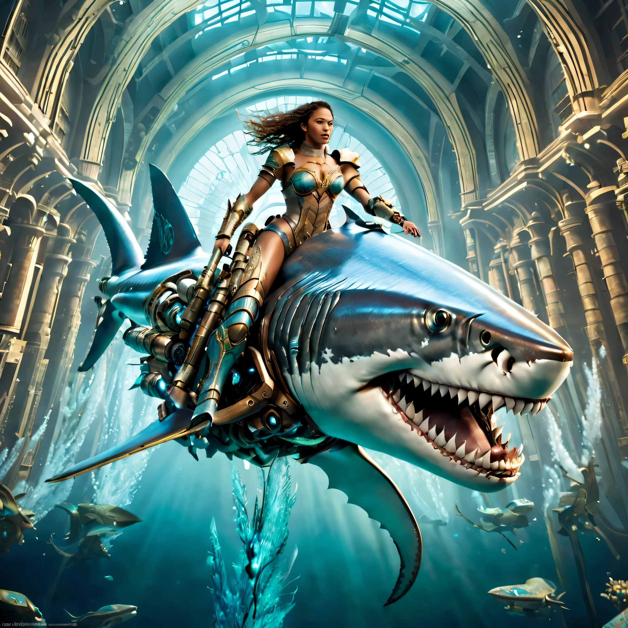 Images set in the depths of futuristic high-tech Atlantis, Depicts a beautiful female warrior riding a full body, Cyborg megalodon from head to tail. Megalodon blends ancient grandeur with futuristic technology, Parts of its body display mechanical enhancements. These mechanical components integrate seamlessly with their natural surroundings, blocky form, Highlighting features such as its powerful teeth and powerful structure. Female warriors are portrayed as strong and graceful, Advanced armor that combines traditional and futuristic styles. Background shows the advanced underwater city of Atlantis, Full of technological wonders, Strengthen the overall theme of harmonious integration of nature and technology.