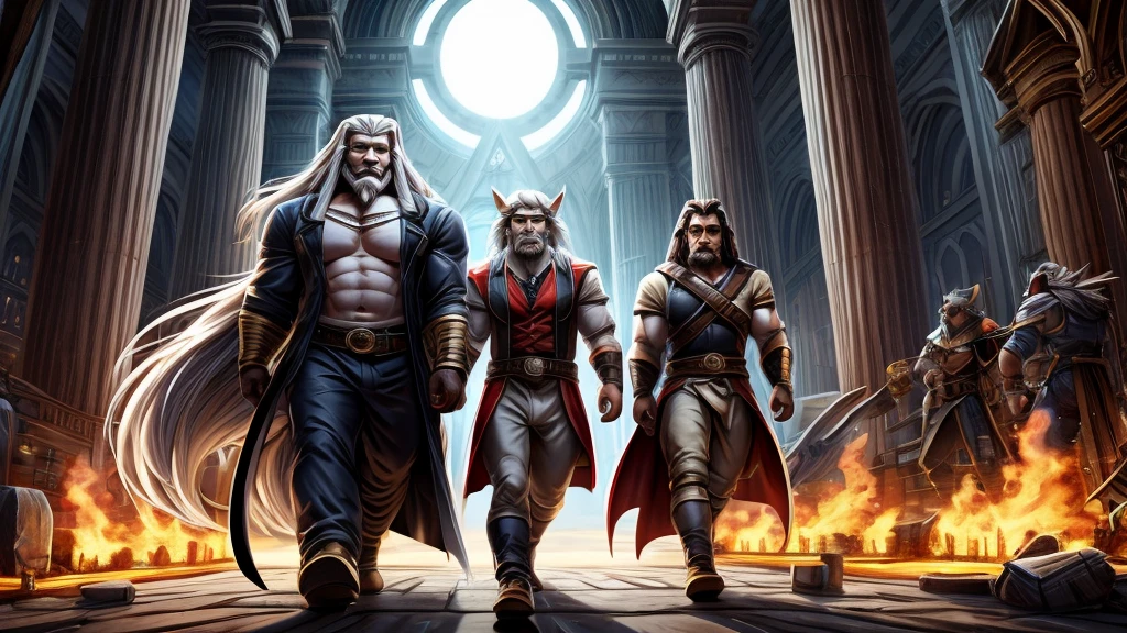 draw a boy with harvard looking vests that uses glasses and have a scar lightining-shaped is his forehead, walking along side a old white man with a long white beard and a long white hair and a guy that look exactly like jesus christ. They are looking into the eyes of a demon that faces them. Visual representation comparing epic elements ' Highlight redeeming heroes and universal themes with a magnificent atmosphere