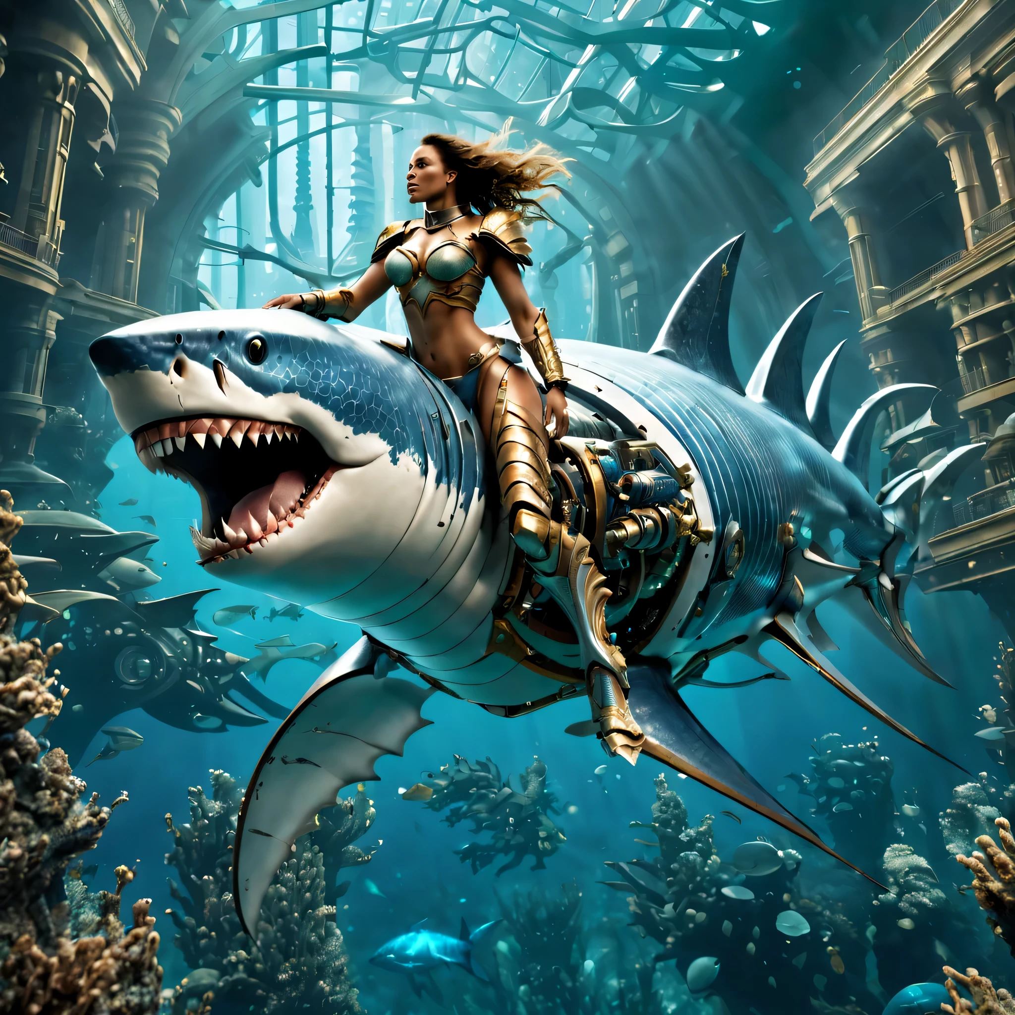 Images set in the depths of futuristic high-tech Atlantis, Depicts a beautiful female warrior riding a full body, Cyborg megalodon from head to tail. Megalodon blends ancient grandeur with futuristic technology, Parts of its body display mechanical enhancements. These mechanical components integrate seamlessly with their natural surroundings, blocky form, Highlighting features such as its powerful teeth and powerful structure. Female warriors are portrayed as strong and graceful, Advanced armor that combines traditional and futuristic styles. Background shows the advanced underwater city of Atlantis, Full of technological wonders, Strengthen the overall theme of harmonious integration of nature and technology.