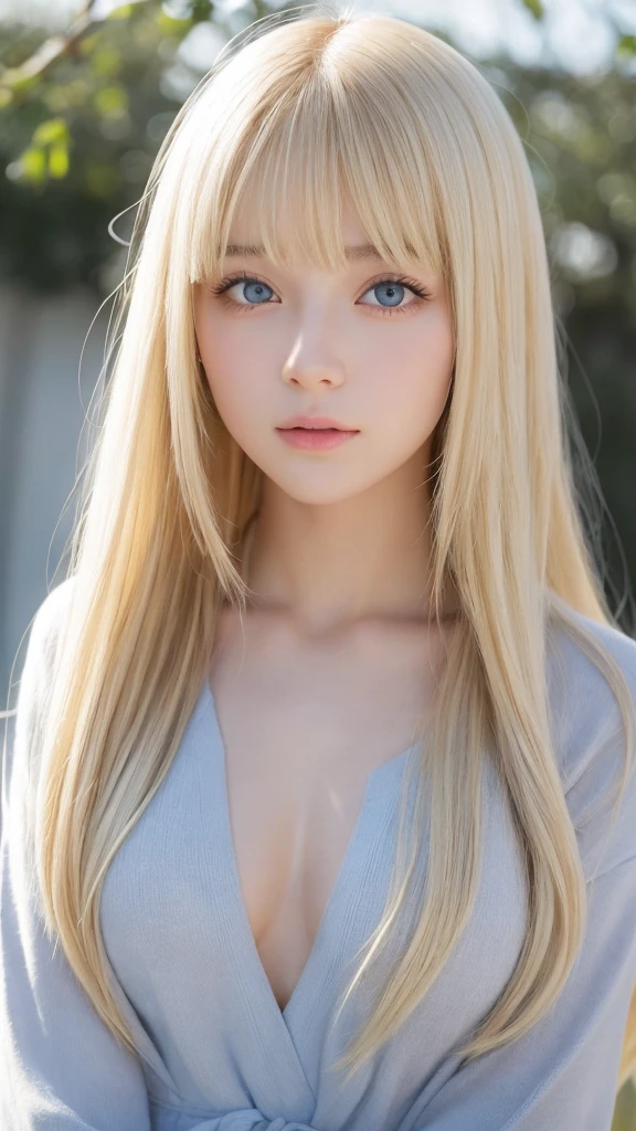 Glowing blonde dancing in front of cute face、long silky bangs that cover the eyes、Very large and bright pale sky blue eyes、very big eyes、long blonde hair that hides her face、Sexy cute age woman's super long blonde shining bright straight hair、blonde hair above the eyes、片blonde hair above the eyes、blonde between the eyes、Very bright white and young beautiful skin、Shiny skin、cheek gloss、cheek highlights、small face beauty、face over the hair、ample breasts