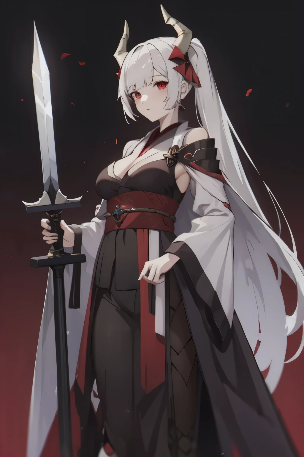 Funeral Freelen,A woman wearing a white and red kimono and holding a sword, Demon horns grow,Kushart Krenz Key Art Feminine, From Arknights, Ayaka Genshin impact, From Dolls Frontline, Gweiz, ayaka game genshin impact, Genshin Impact Kechin, artwork in the style of Gweiz, white haired god, carries a sword on his shoulder