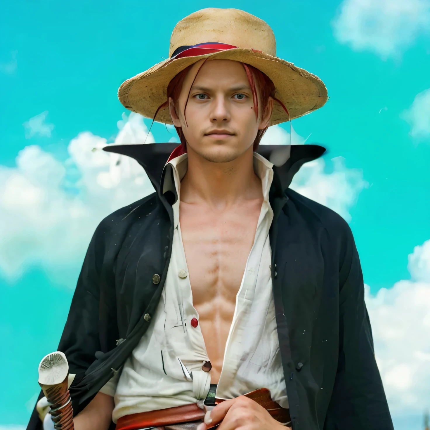 (masterpiece), (realistic), (ultra detailed), ( high reest quality), (photorealistic), (perfect face), (perfect anatomy), man, male, solo, ameican, (((25 years old))), shanks from one piece, shanks, red hair, part of the character's hair to the front, wears white clothes, wearing a straw hat, wearing a black robe, wearing a red cloth belt, (((there is Shanks' sword from one piece on the character's right waist))), (((the character's face is expressionless))), behind the character there is a sky with clouds