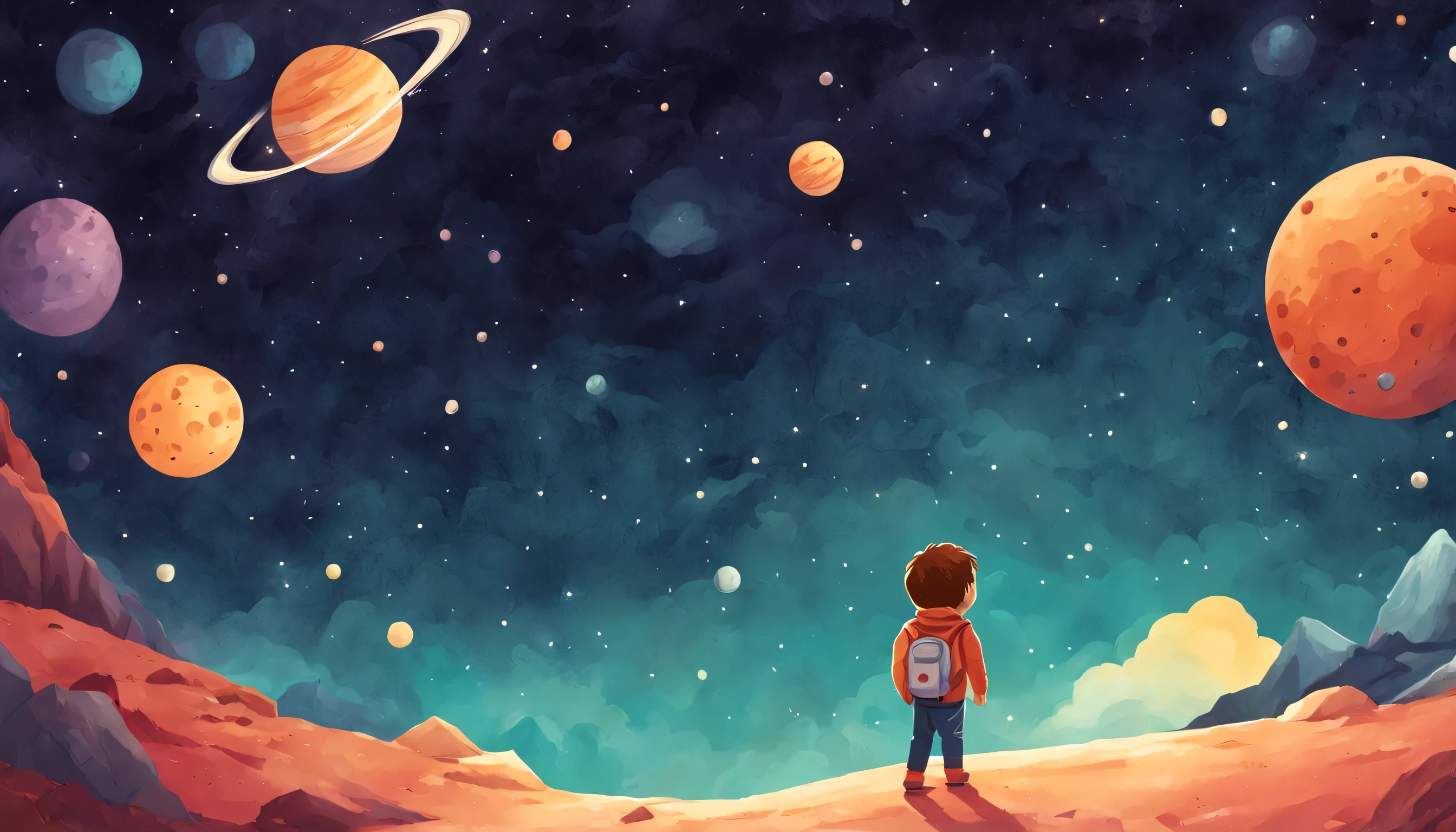 Space white Children's Book Illustration, Galactic Color Palette, Meteor Shower, Outer Space Landscape, Cosmic Night, Wonder-filled Mood, KidsRedmAF,
 