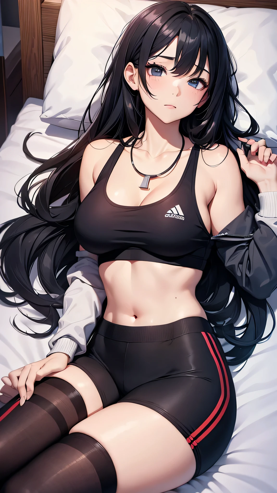 最high quality、best image quality、masterpiece、age girl((18-year-old、 By becoming、vest bust、medium bust,wide open breast tea、black eye, black hair、long hair、thin,highest valley、cute makeup、red sports bra、Black sports pants、White Necklace、Blackface Paint、tired face、Sweat、sleep)),high quality、beautiful art、background((on the bed)),debris flies、Depth of written boundary、movie、visual art、perfect art、8K,genuine
