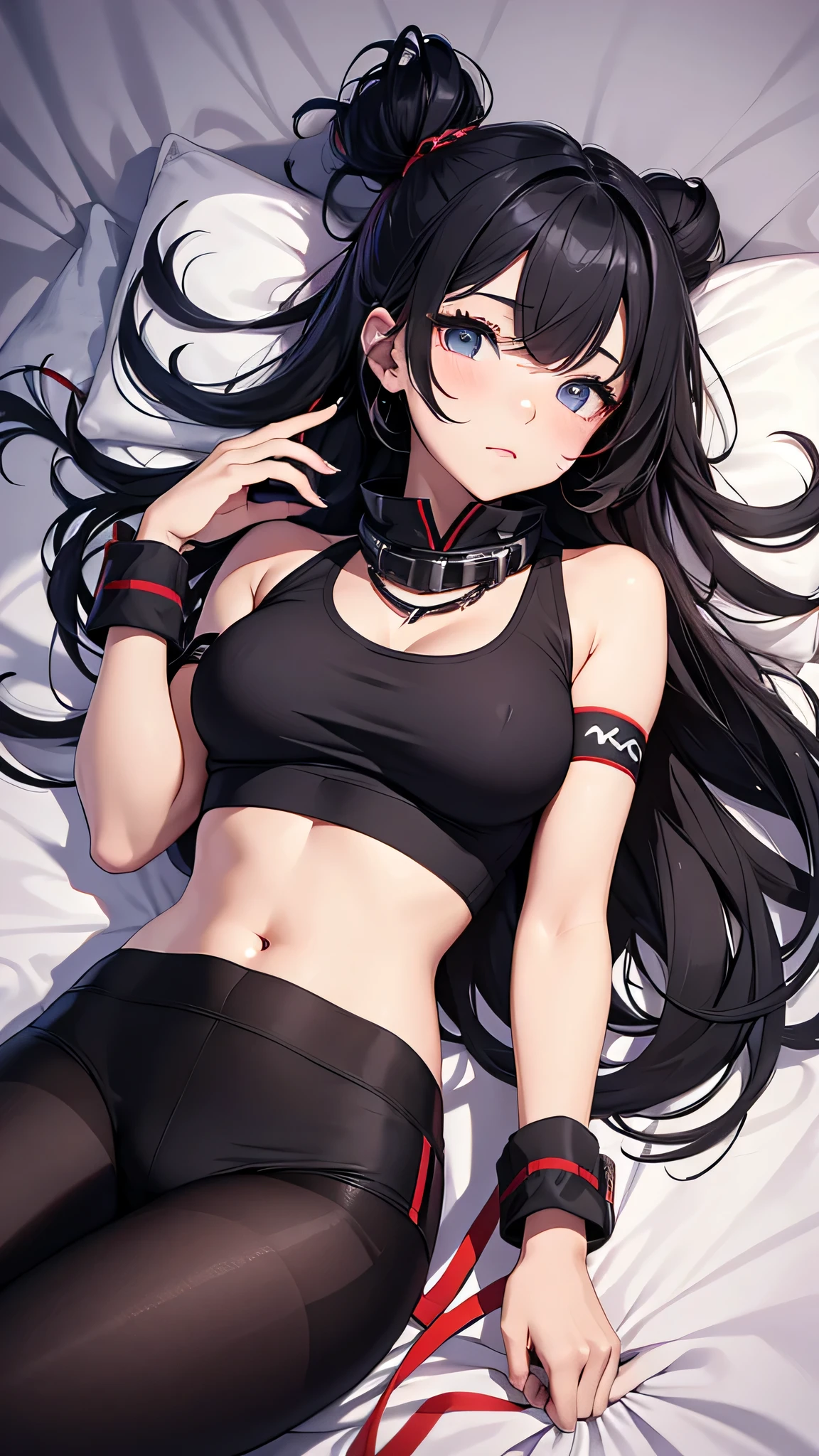 最high quality、best image quality、masterpiece、age girl((18-year-old、 By becoming、vest bust、medium bust,wide open breast tea、black eye, black hair、long hair、thin,highest valley、cute makeup、red sports bra、Black sports pants、White Necklace、Blackface Paint、tired face、Sweat、sleep)),high quality、beautiful art、background((on the bed)),debris flies、Depth of written boundary、movie、visual art、perfect art、8K,genuine
