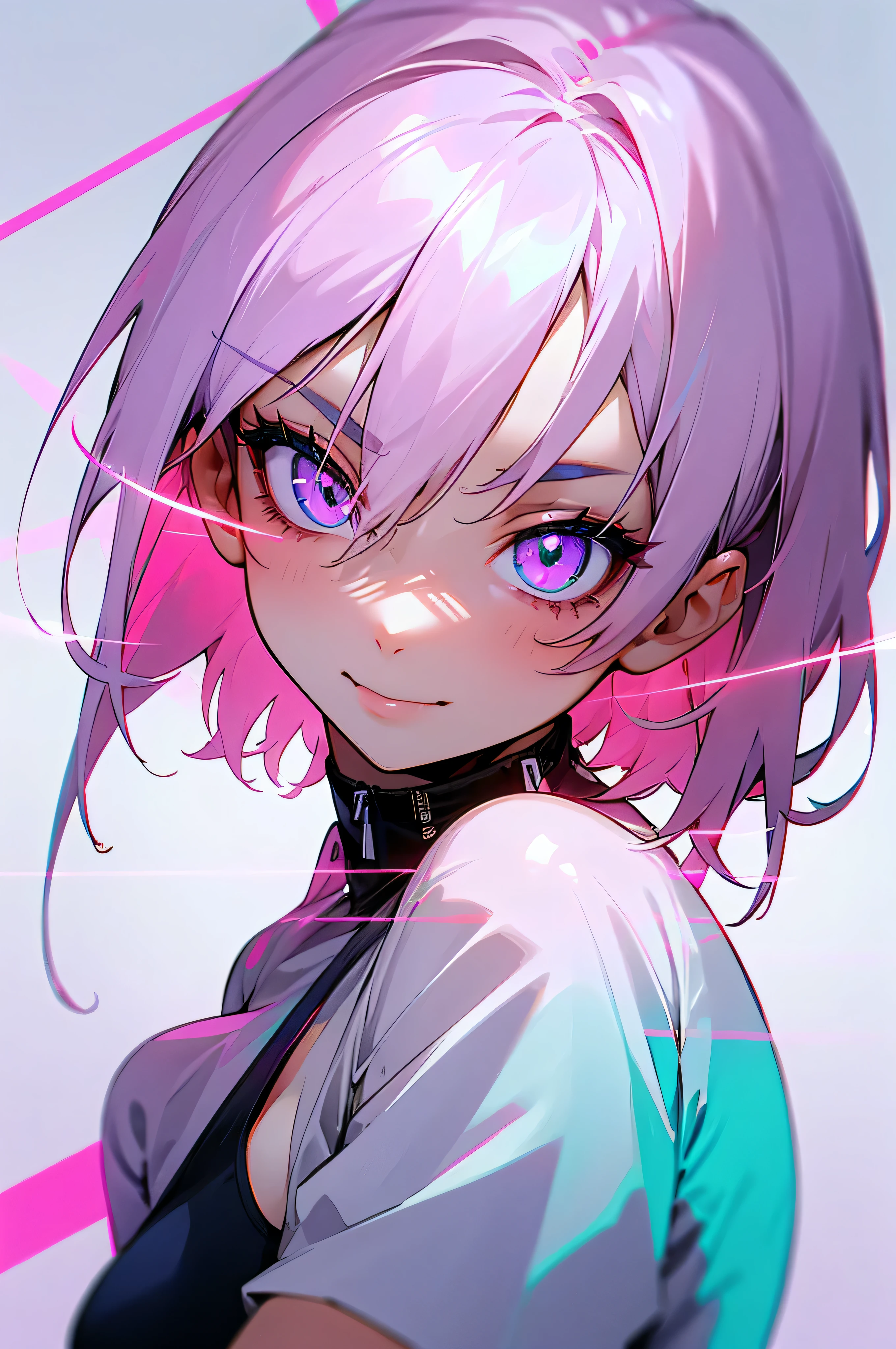 neon hair woman, neon eyes, ID photo、Upper body、Please look straight ahead.、the body is in front of me、simpleTshirt、Left-right equilibrium、bite your lip、Look straight at the camera、simpleTshirt、Pink mouth,gray hair、E cup、short hair、 smile, Neon feeling、neon laser、, clear details、that'belly button